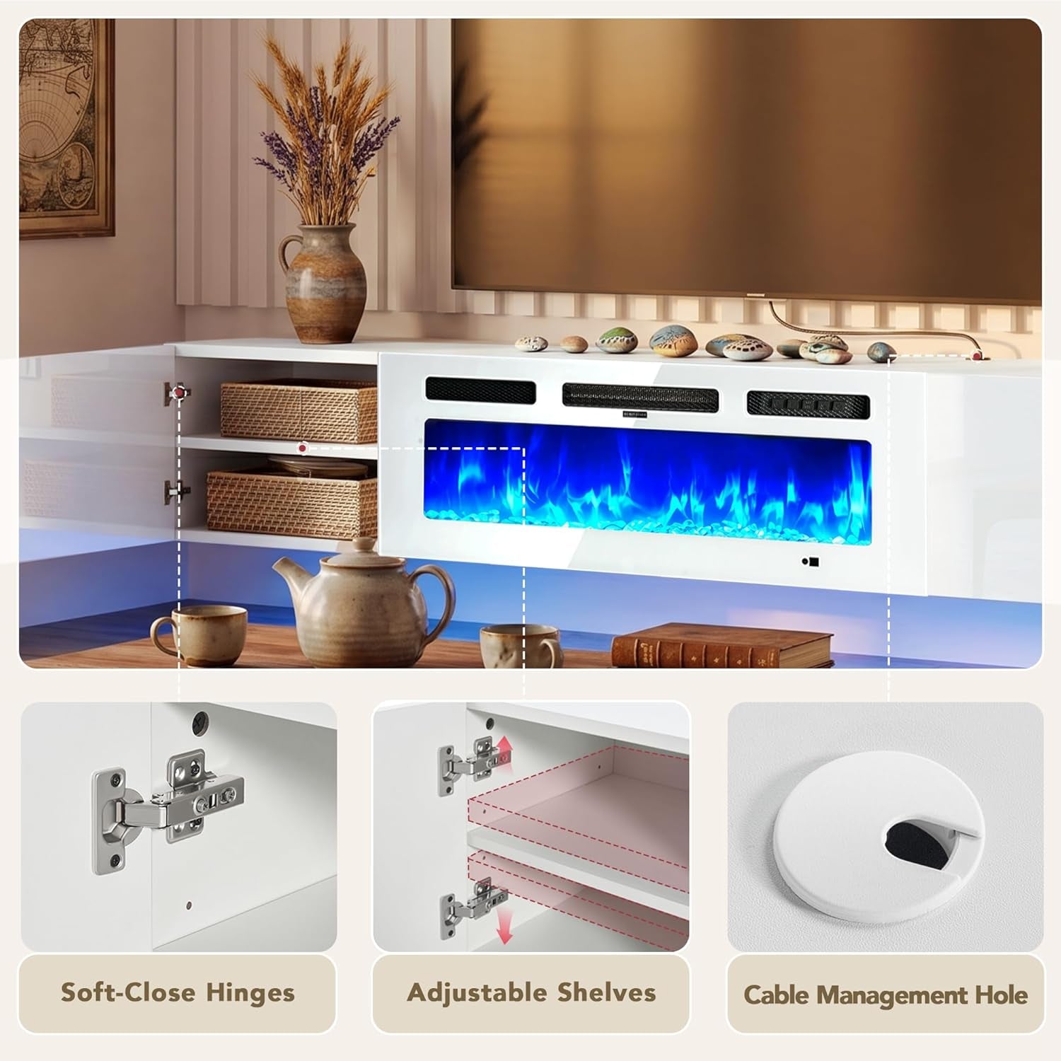 Open cabinet and close-up panels showing soft-close hinges, adjustable shelves, and cable management hole.