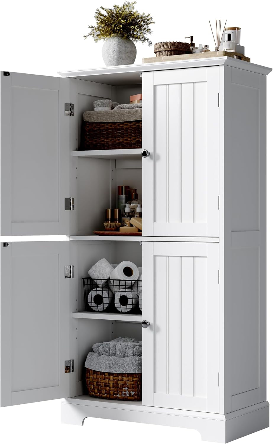White freestanding cabinet with top and bottom doors open showing two interior shelves with towels and baskets