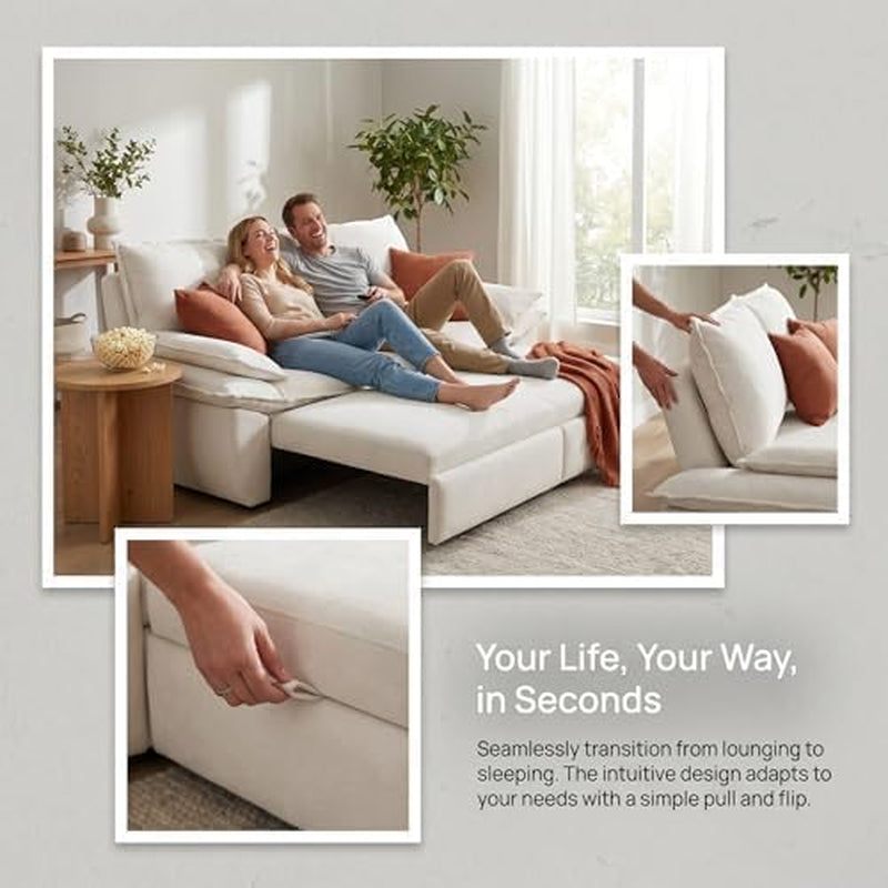 Collage: couple reclining on the pulled-out sofa, inset close-ups of a hand pulling a strap and someone adjusting back