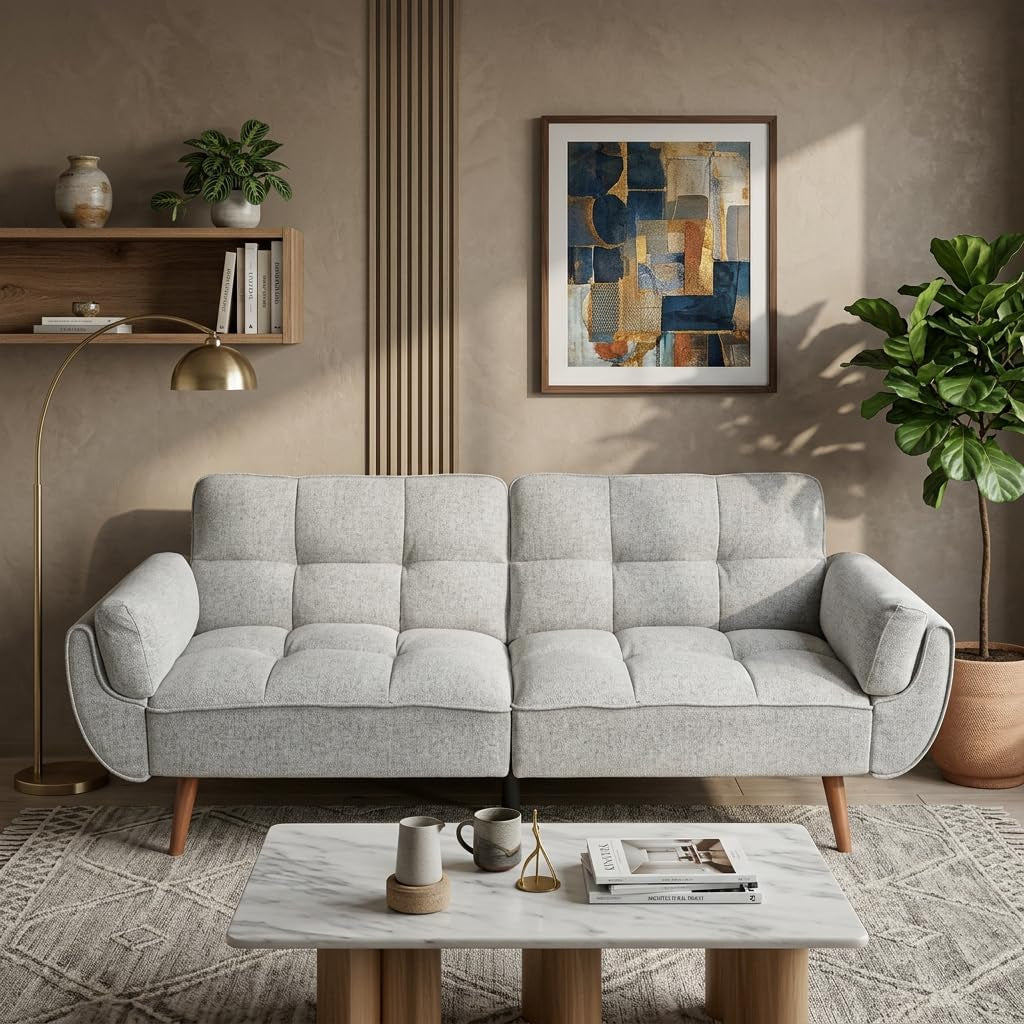 Front view of a light gray tufted fabric futon sofa with rounded arm bolsters in a styled room.