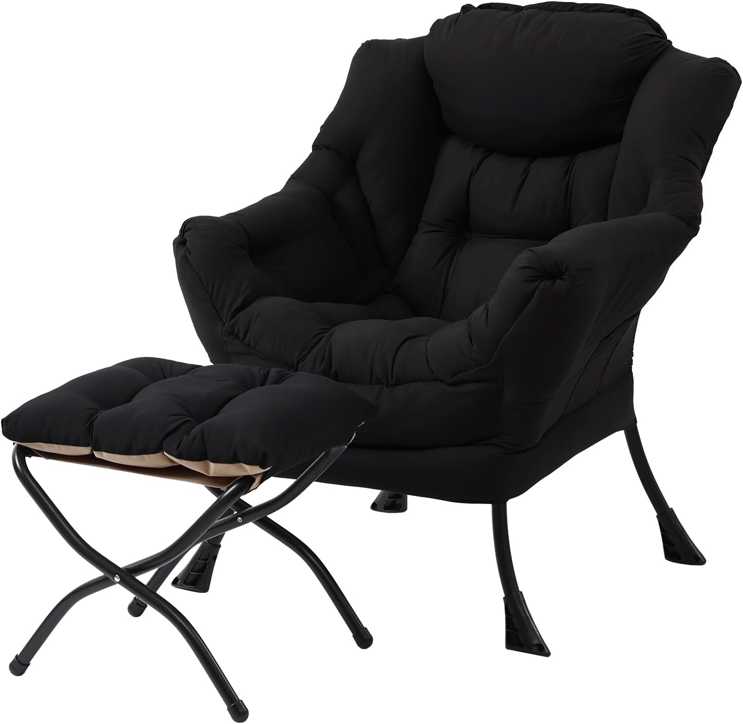 Black cushioned lounge chair with foldable ottoman and curved black metal legs, front angle