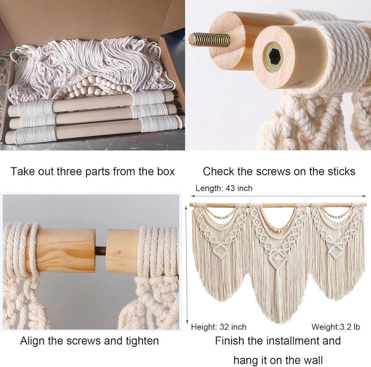 Packaging and assembly close-up with three wooden rods, cords, beads, and threaded screws