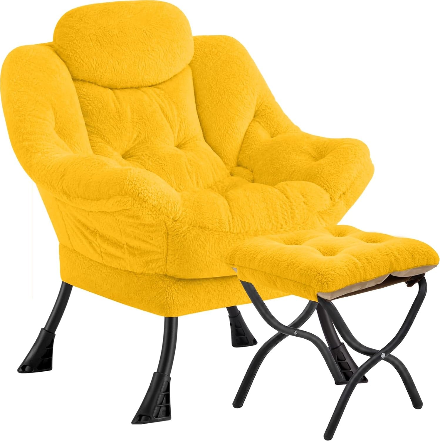 Bright yellow plush folding armchair with matching tufted ottoman on X-shaped black frame.