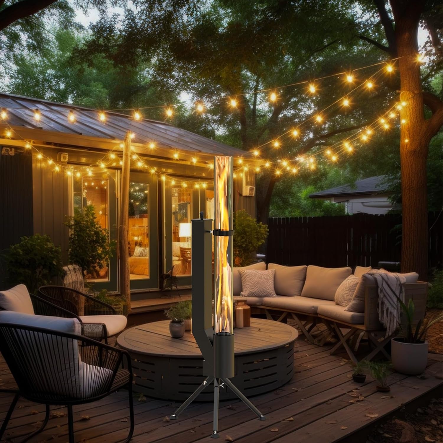 Heater lit on a deck patio with string lights overhead and cushioned seating arranged around a central table.