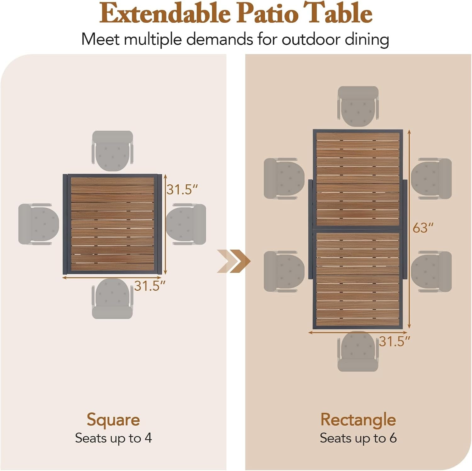 Top-down illustration showing the table converting from a 31.5-inch square to a 63-inch rectangle with seating layout