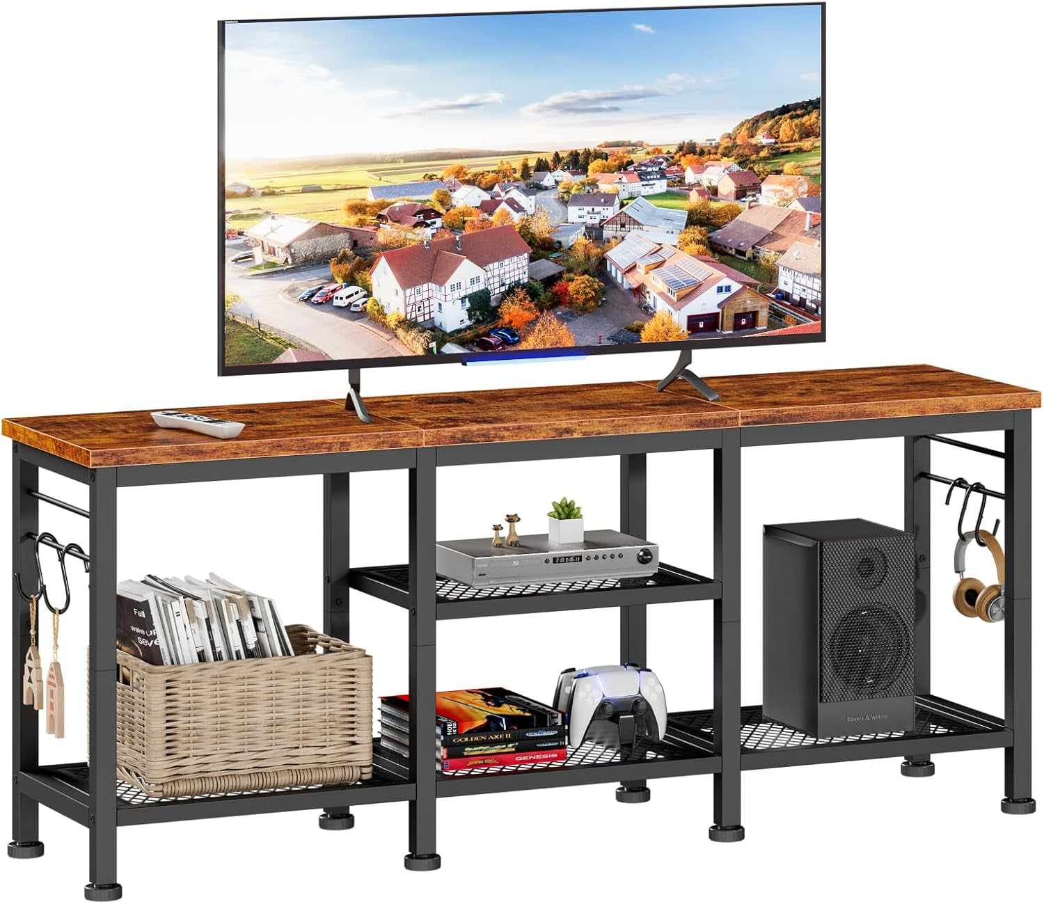 Rustic brown top TV console with metal frame shown with television and woven basket on lower mesh shelf