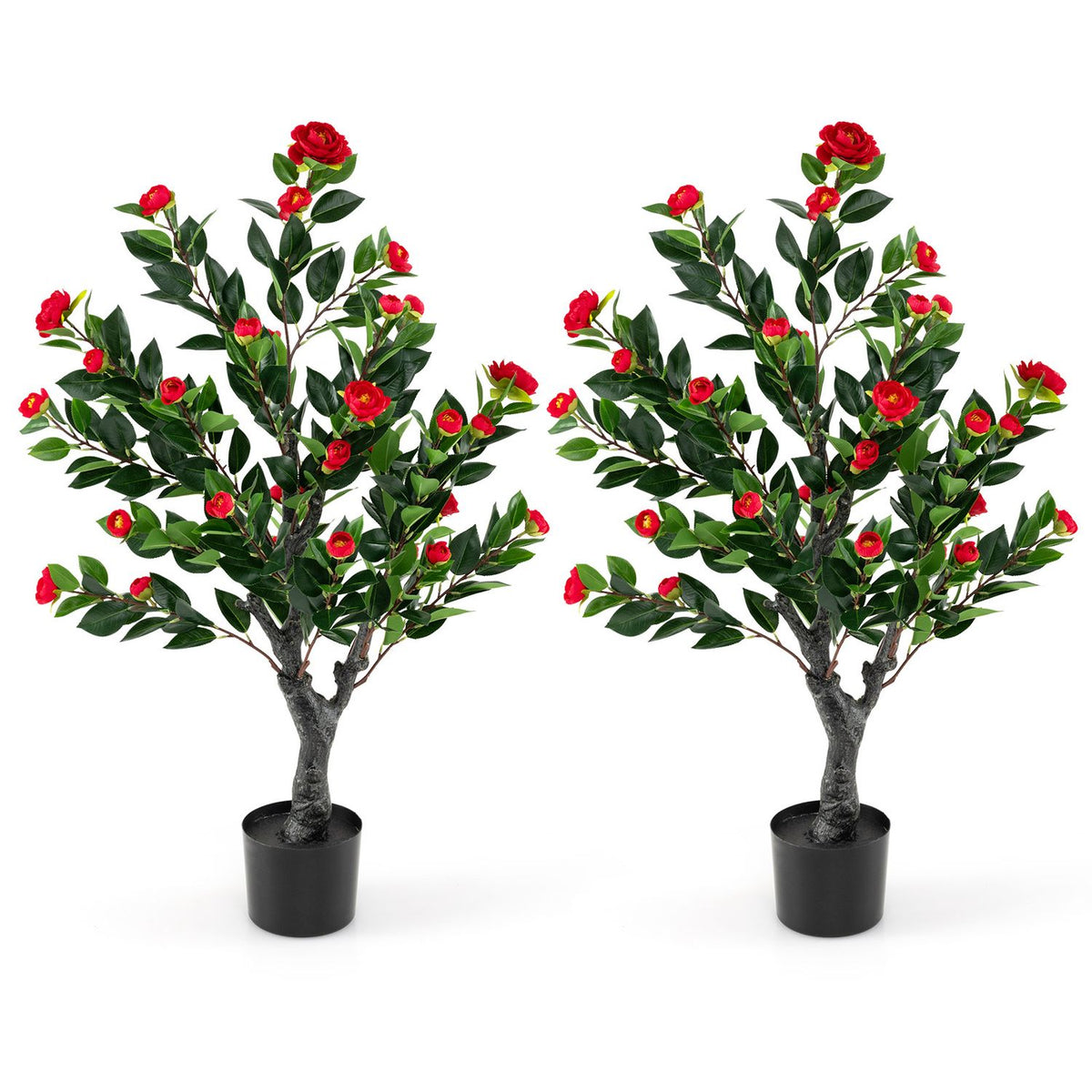 Pair of artificial camellia trees with red flowers and black pots on white
