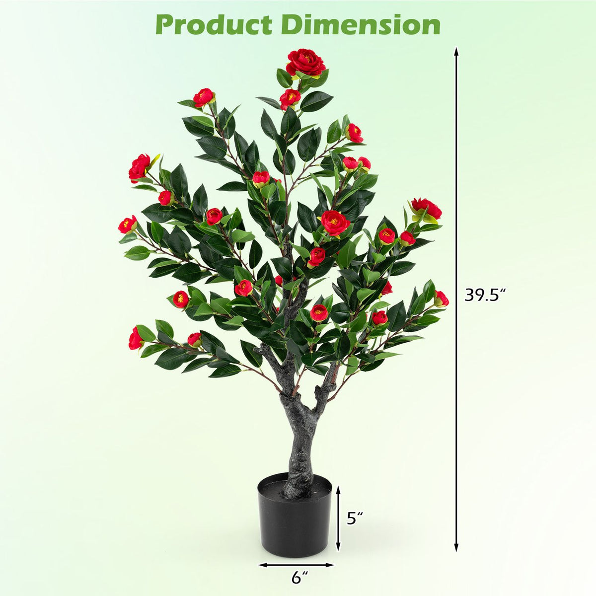Artificial camellia tree with red blossoms and black pot on a pale green graphic