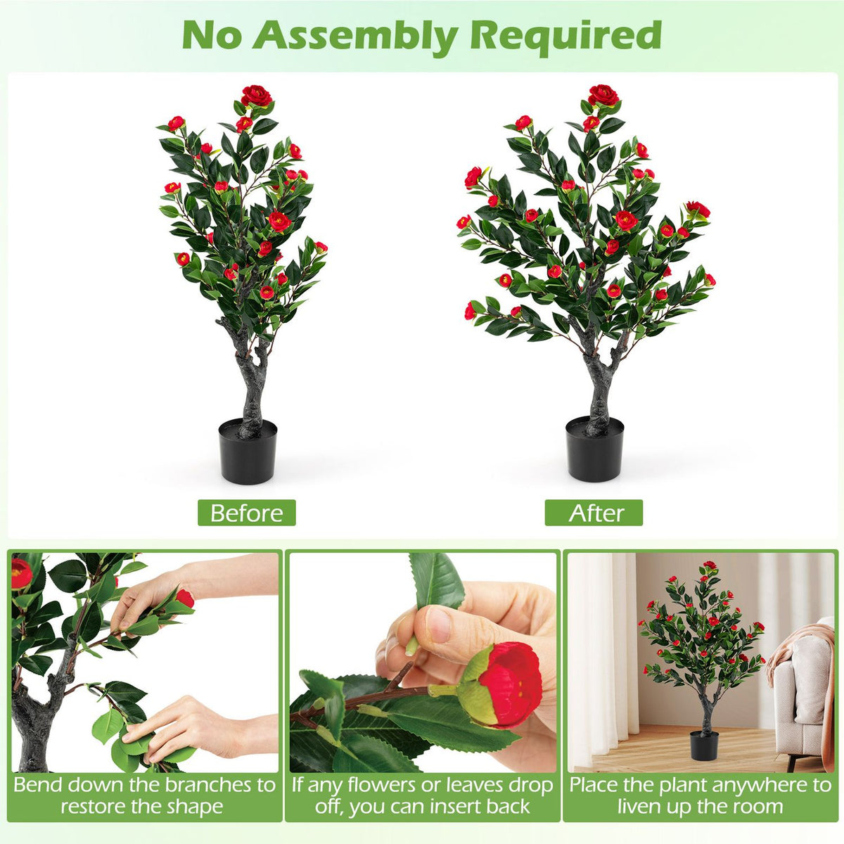 Two red-blossomed camellia trees with close-up panels showing branches and leaves