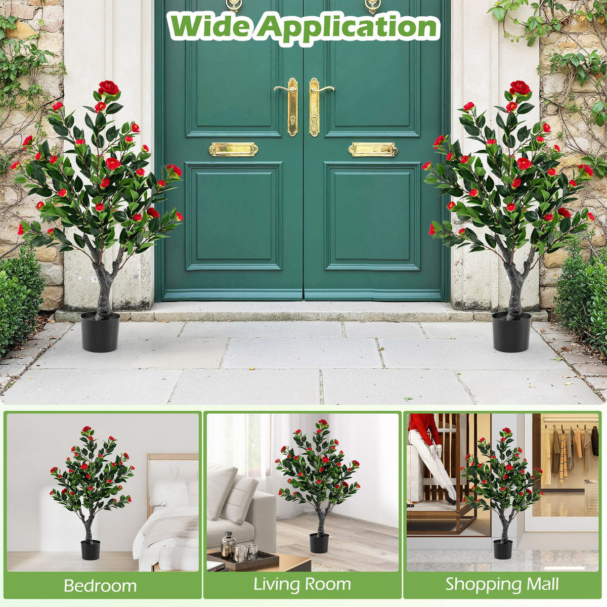 Two matching camellia trees flank a green doorway, with smaller indoor placement scenes below.