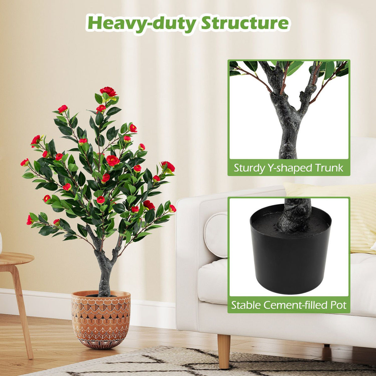 A red-blossomed camellia tree beside a sofa, with close-ups of its branching trunk and black pot.