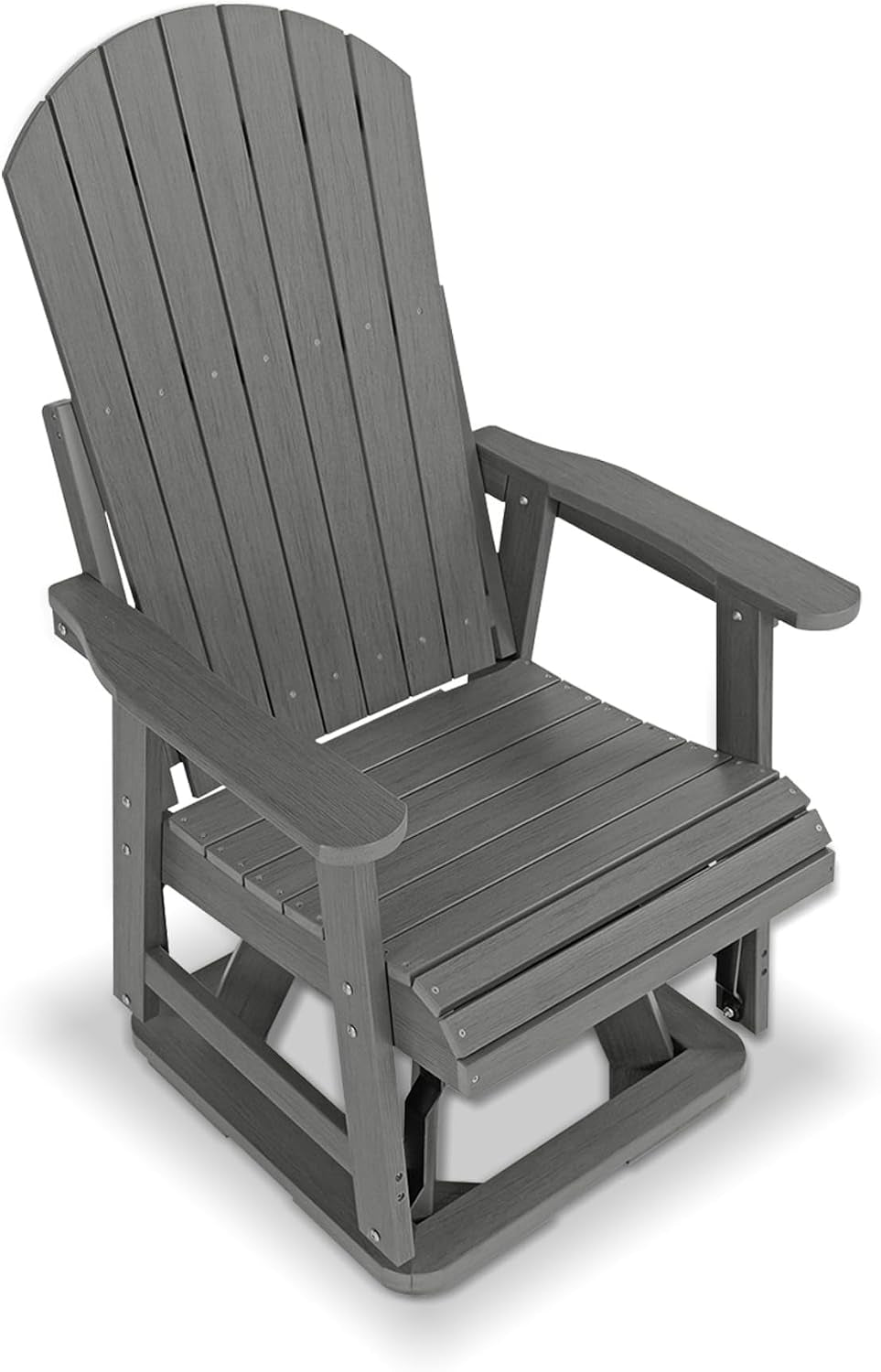 Three-quarter angled view showing visible bolts, seat slats and the glider's pivot hardware on a gray chair