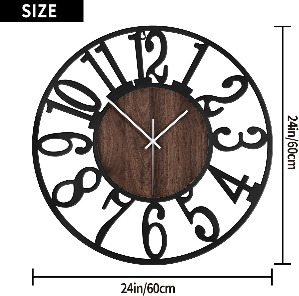 Size diagram showing a 24-inch/60cm diameter openwork clock with wood-effect center and bold cutout numerals