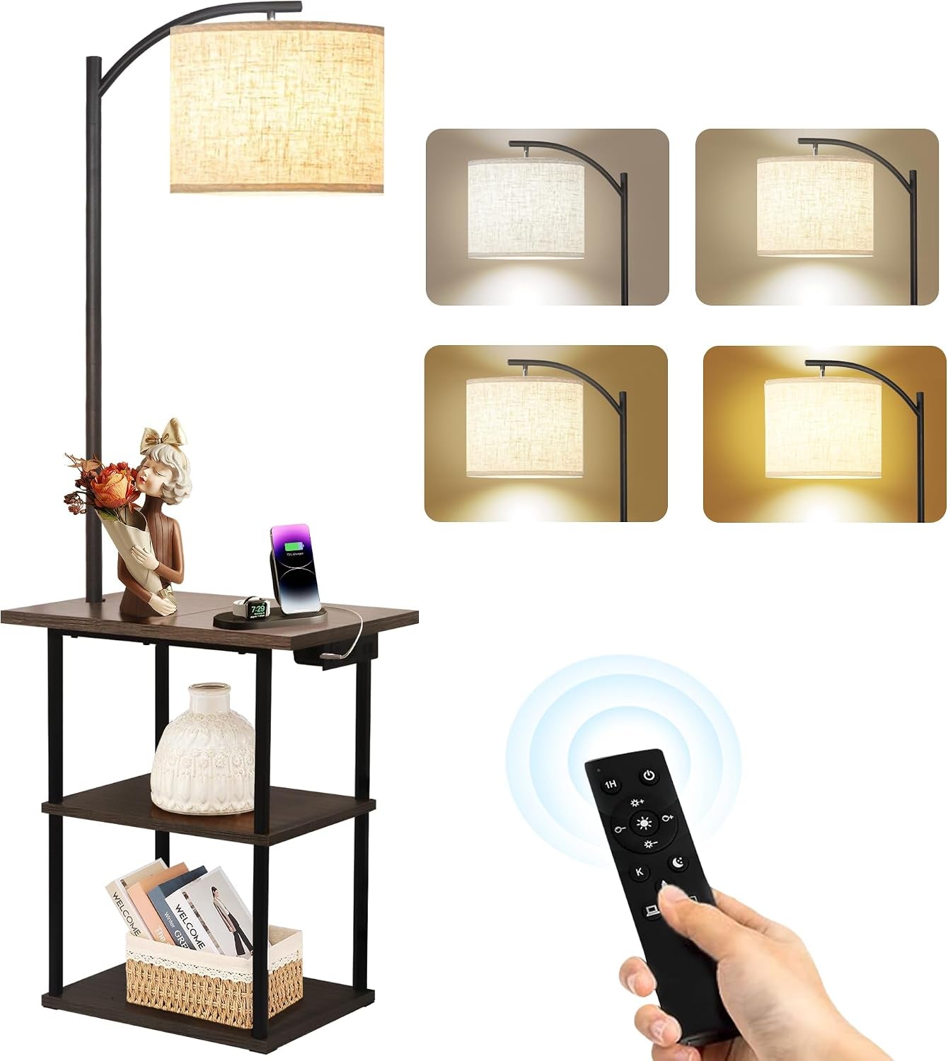 Same three-tier side table and arched lamp shown next to four inset panels of the shade at different color temperatures and