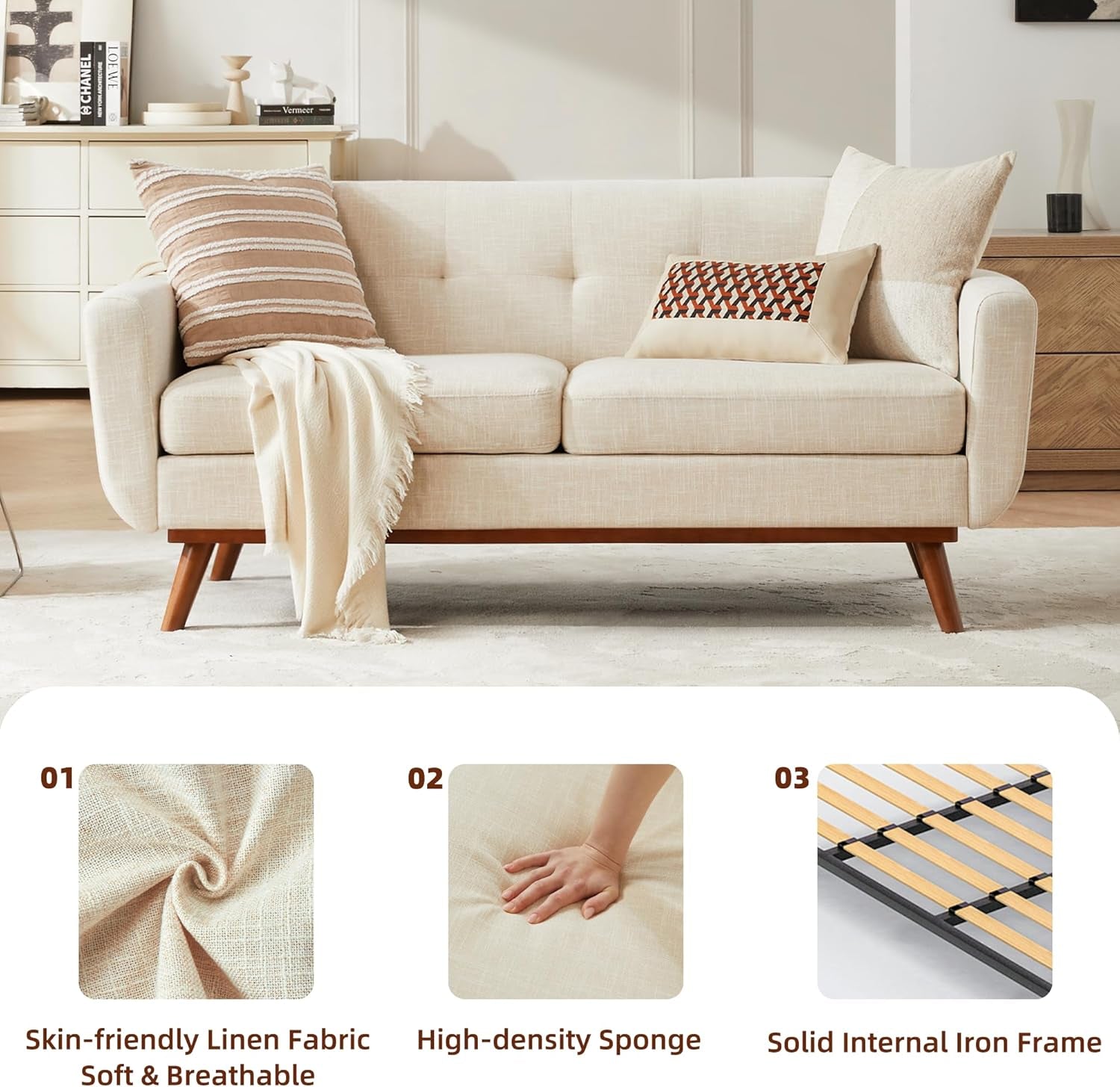Front view of a beige mid-century loveseat in a living room with throw pillows and three small fabric/frame thumbnails below