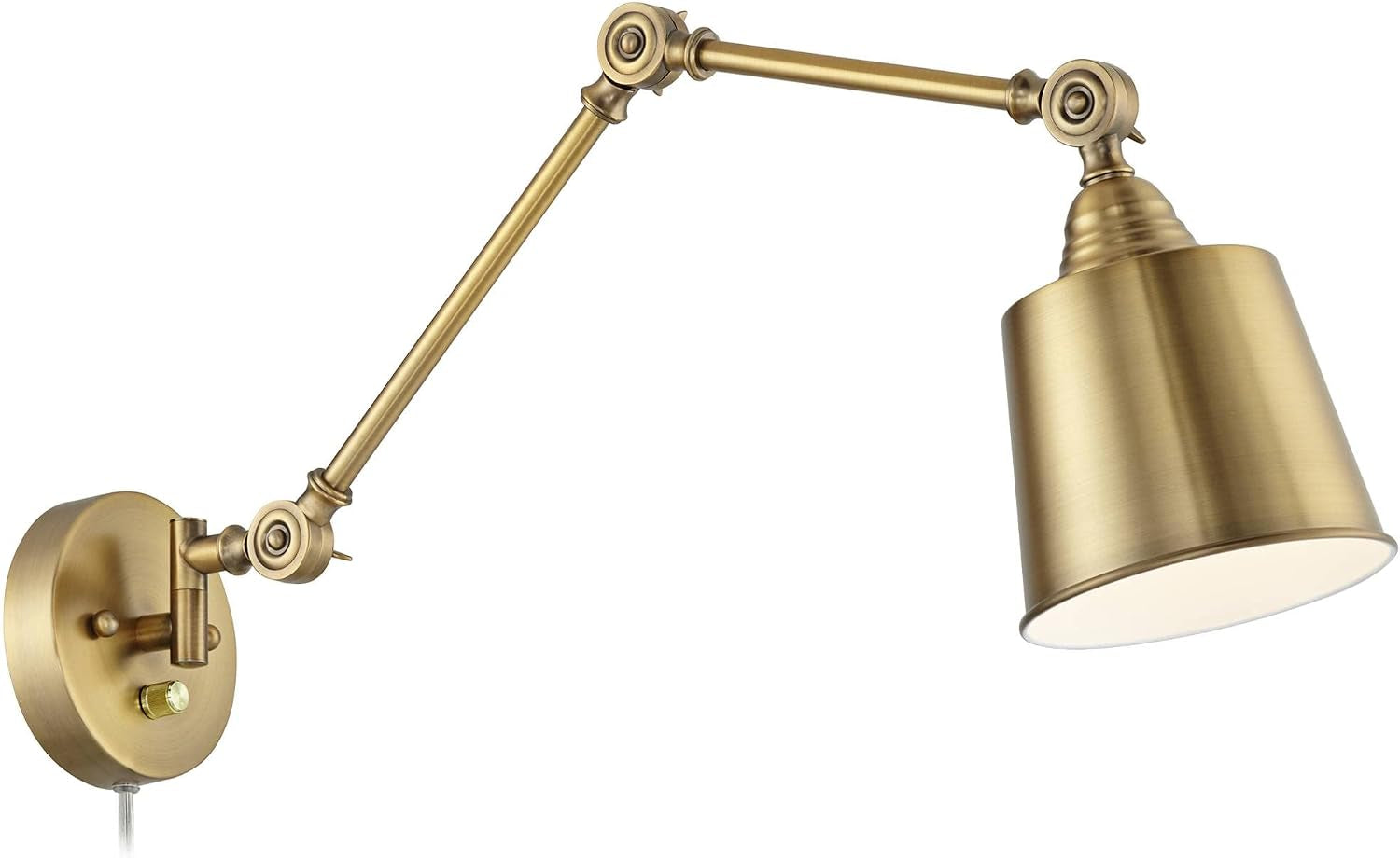 Side view of an antique-brass adjustable swing-arm wall lamp with a conical shade and visible cord.