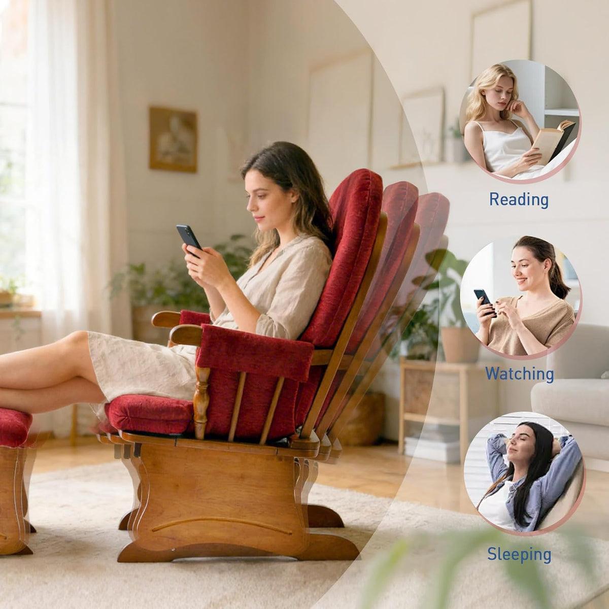 Side profile showing the glider reclining through multiple angles with a person seated.