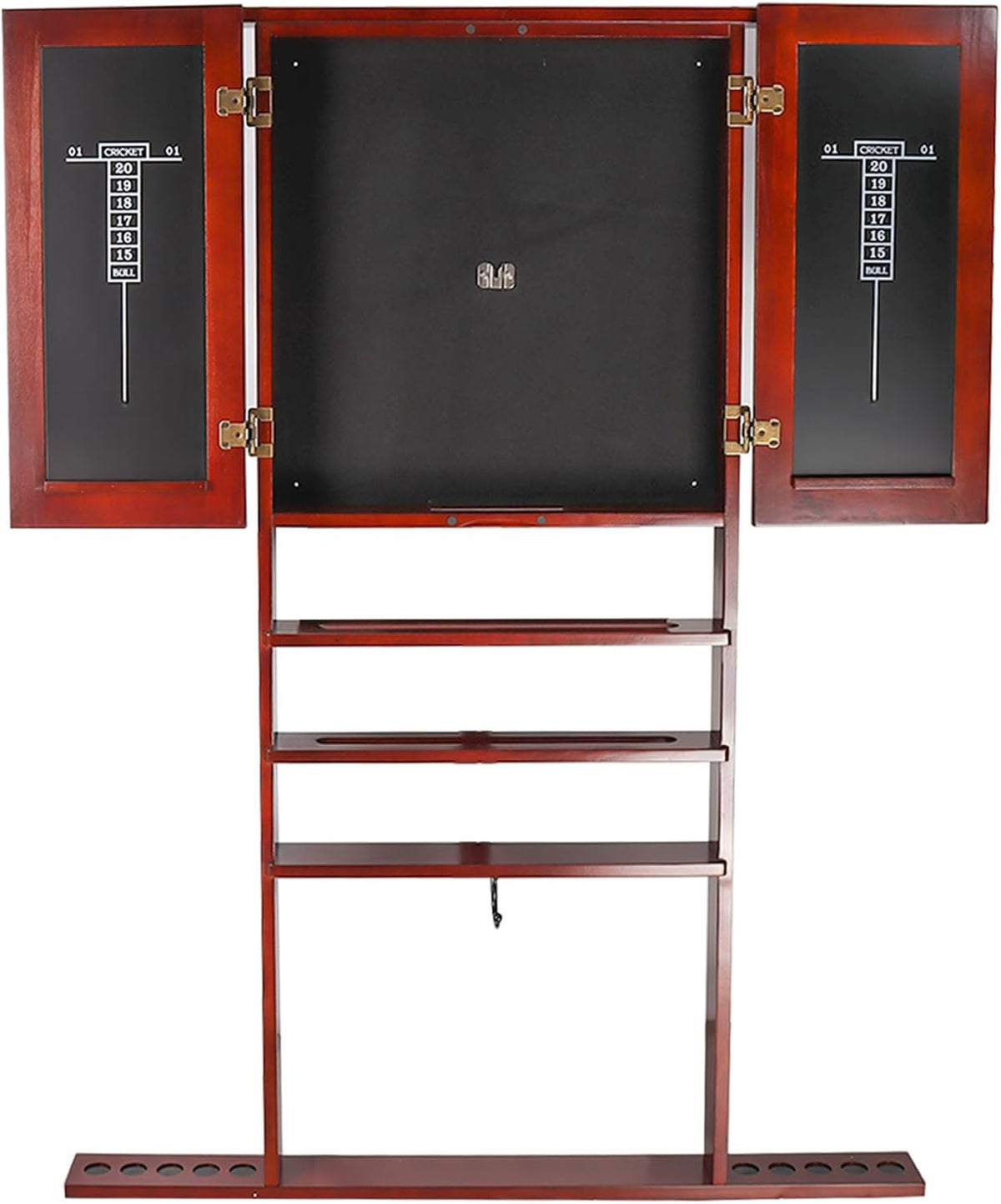 Front-facing open wooden cue and dart cabinet on a white background showing shelves and cue slots.
