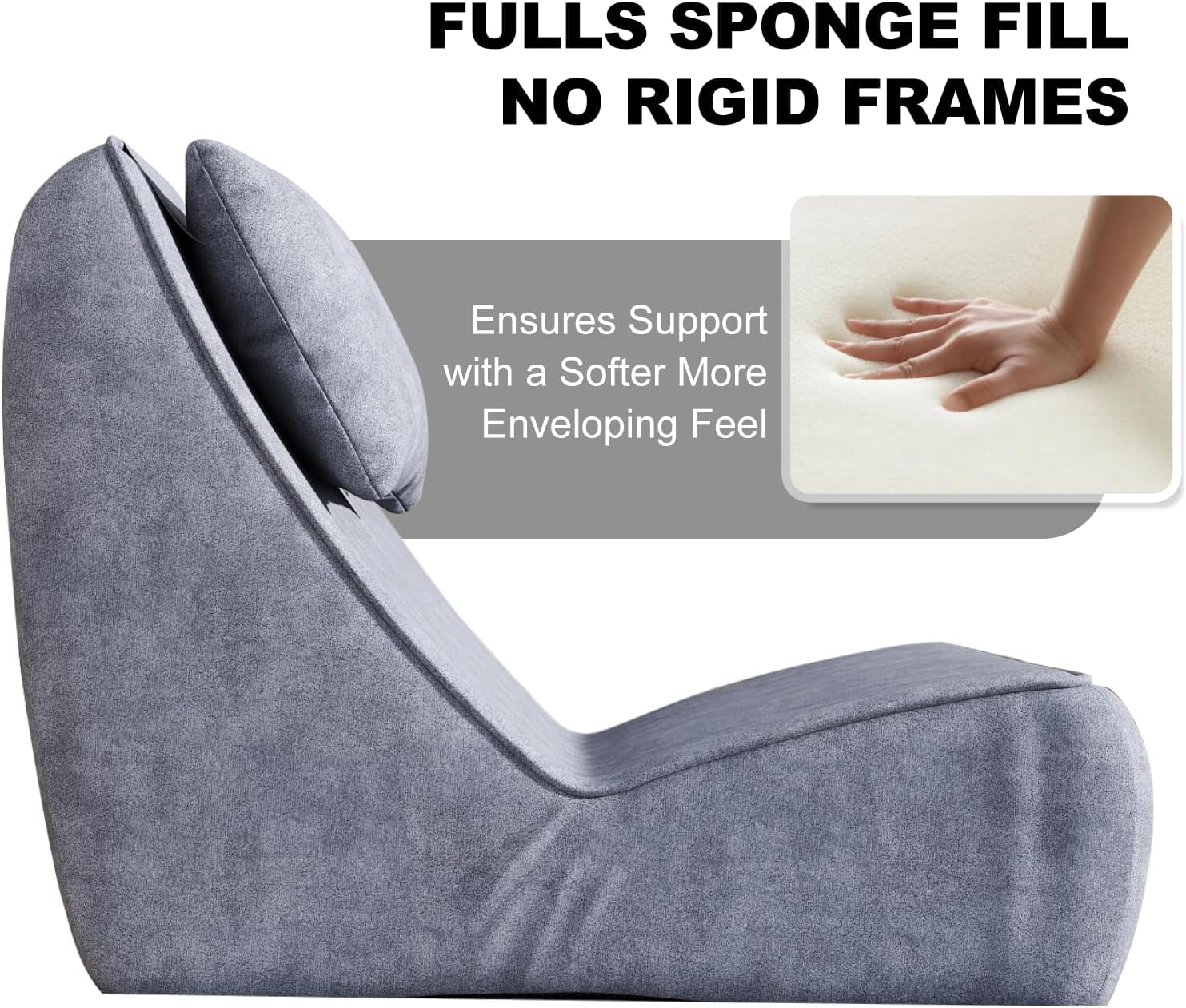 Side profile of a slategray chaise lounge emphasizing the foam fill with an inset hand pressing the foam.