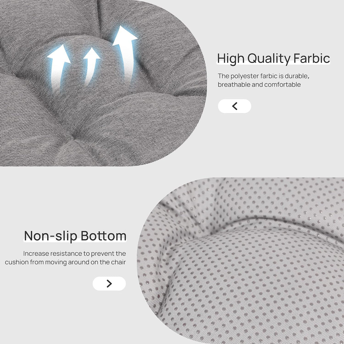 Close-up of gray textured cushion fabric and dotted non-slip backing shown in circular crops