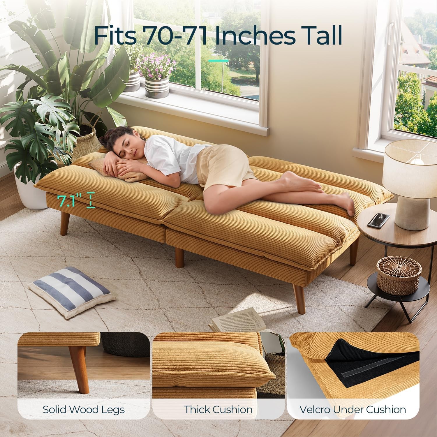 Futon in flat bed position with person reclining to show extended 70–71 inch sleeping length