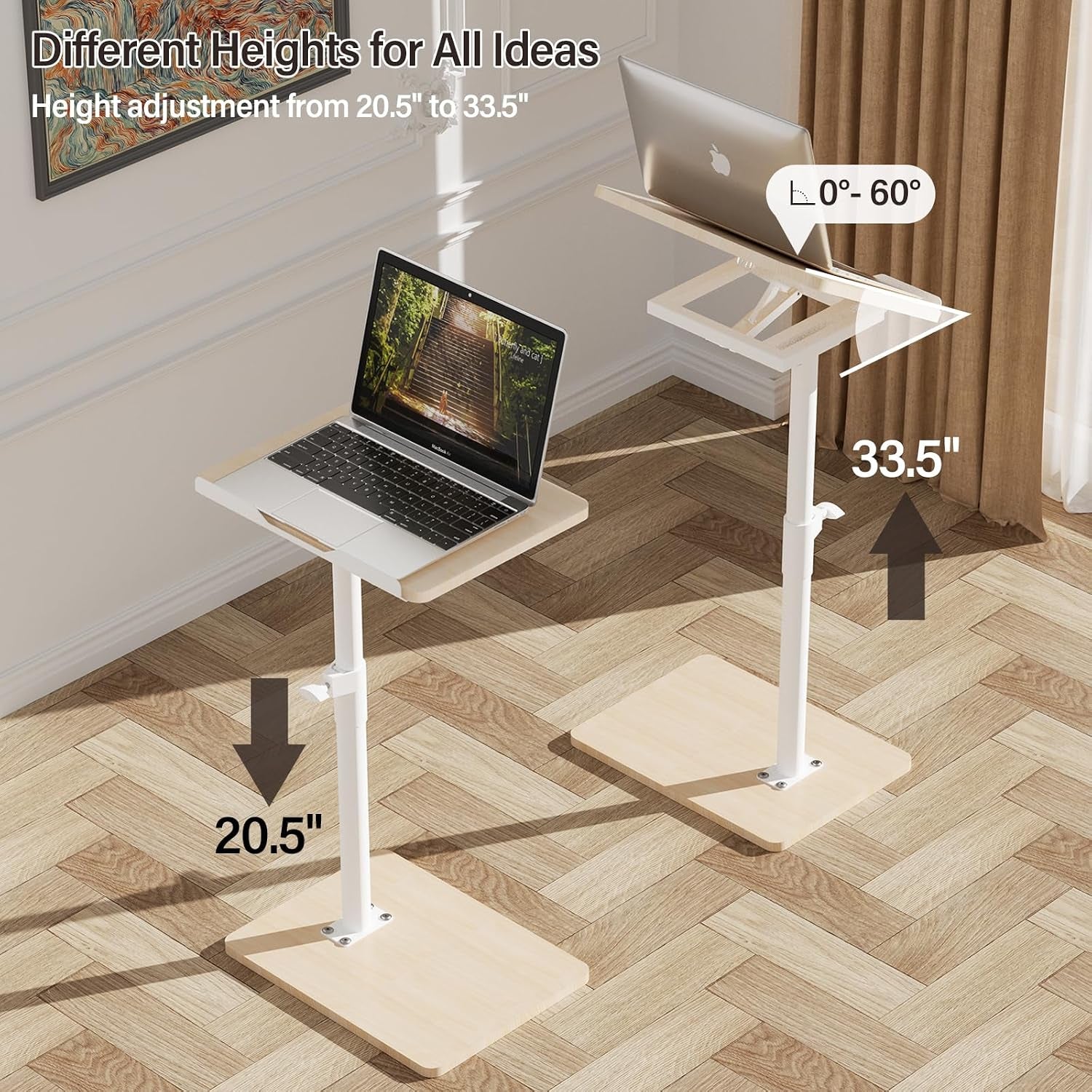Two C-shaped tray tables displayed side by side to show low and high height positions and tilt