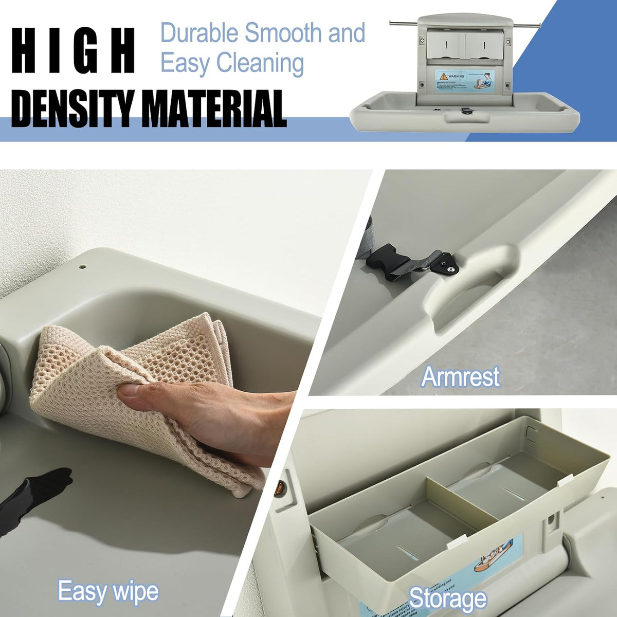 Three close-up panels showing an easy-wipe surface being cleaned, an armrest area with strap, and built-in storage bins.