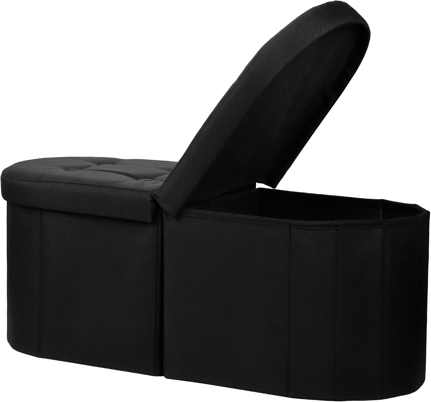 Black folding storage ottoman bench with tufted padded seat and one lid raised to show interior