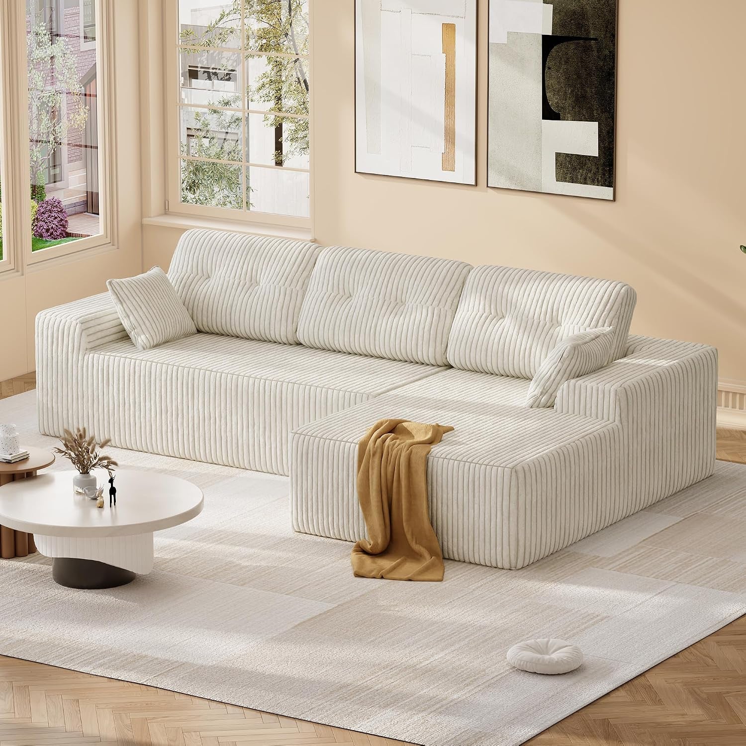 106" L-Shaped Modular Sectional Sofa, Boneless Cloud Couch | with Deep Seat, Corduroy Fabric, 18" Seat Height, 32D Foam & Pocket Spring Support, Right Facing Chaise for Living Room