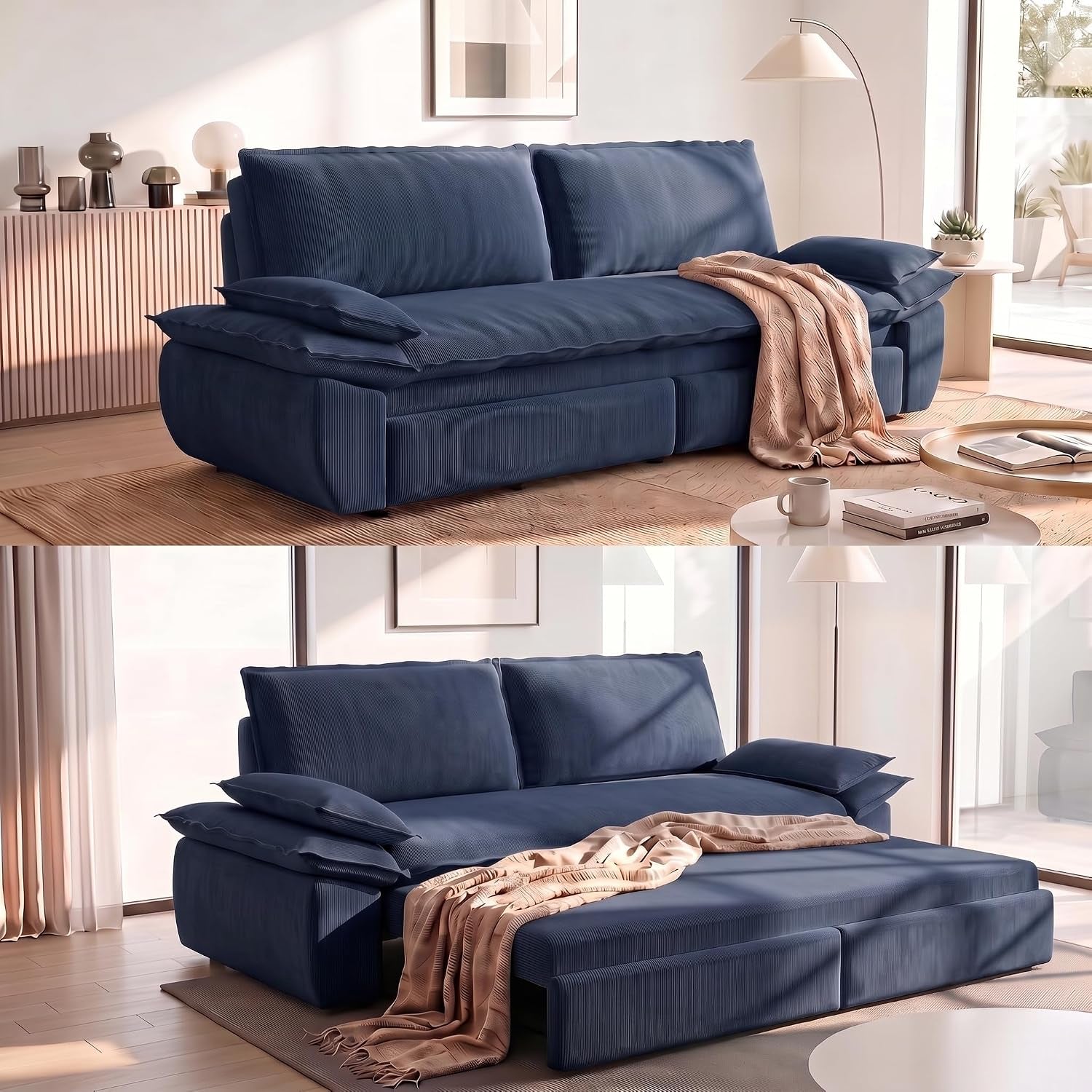 Blue corduroy sleeper sofa set up as a wide bed in a sunlit living room with floor lamp