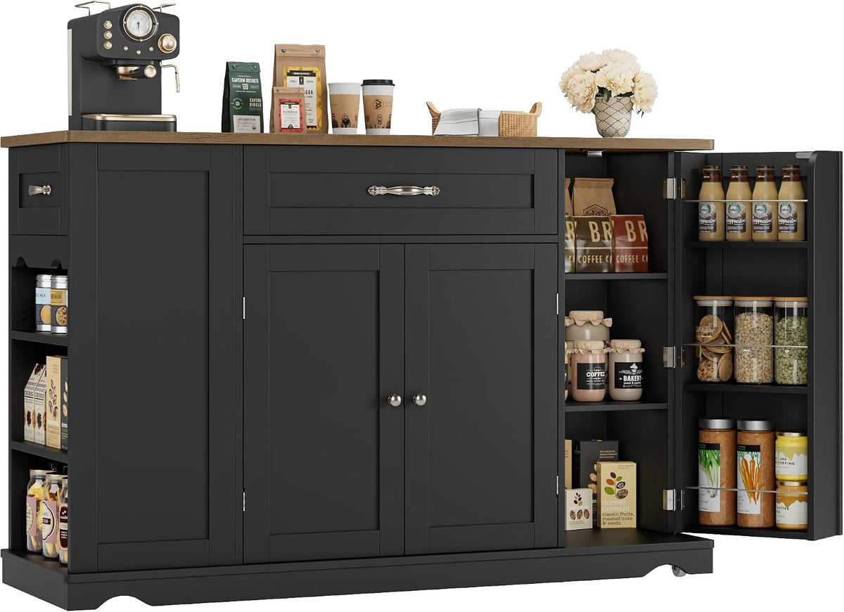 Front-facing charcoal island cart with wood top, left open shelves of pantry items and right cabinet door open showing