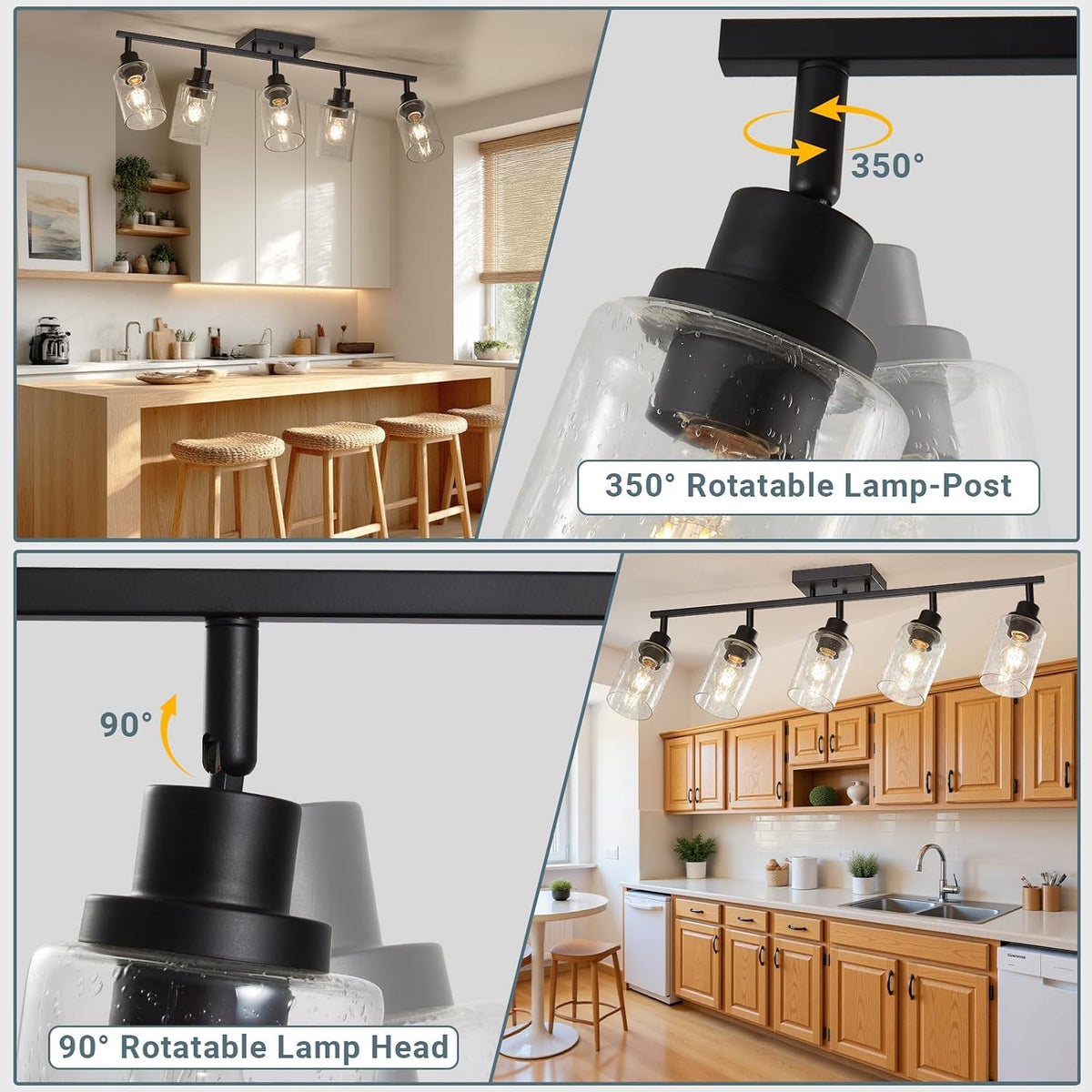 Five-light matte black track fixture over a kitchen island with inset closeups of rotatable posts and heads