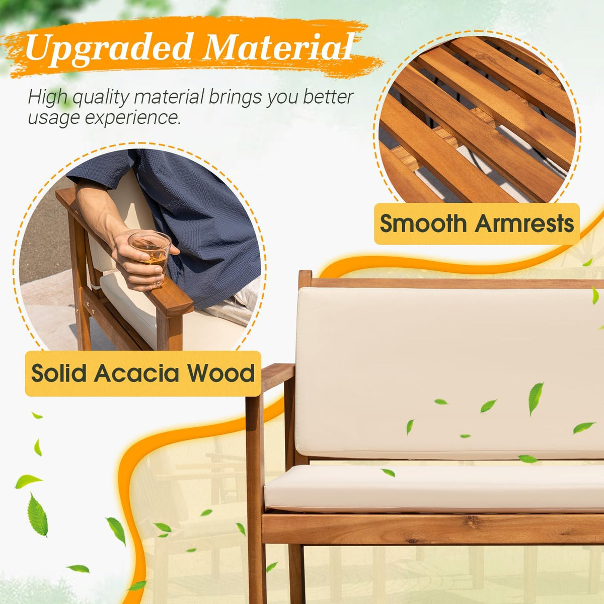 Close-up of a single chair's armrest and back cushion edge showing acacia wood grain and cream cushion.