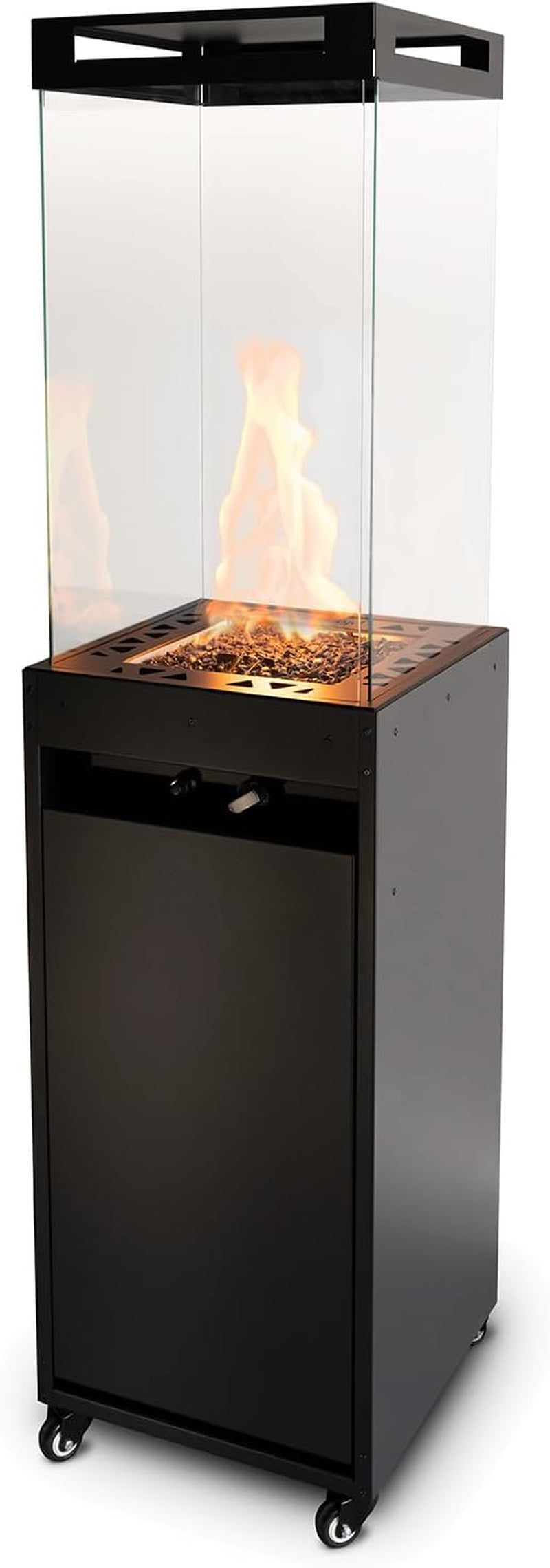 Tall black freestanding glass-tower patio heater with visible flame, control knobs and caster wheels on white background.