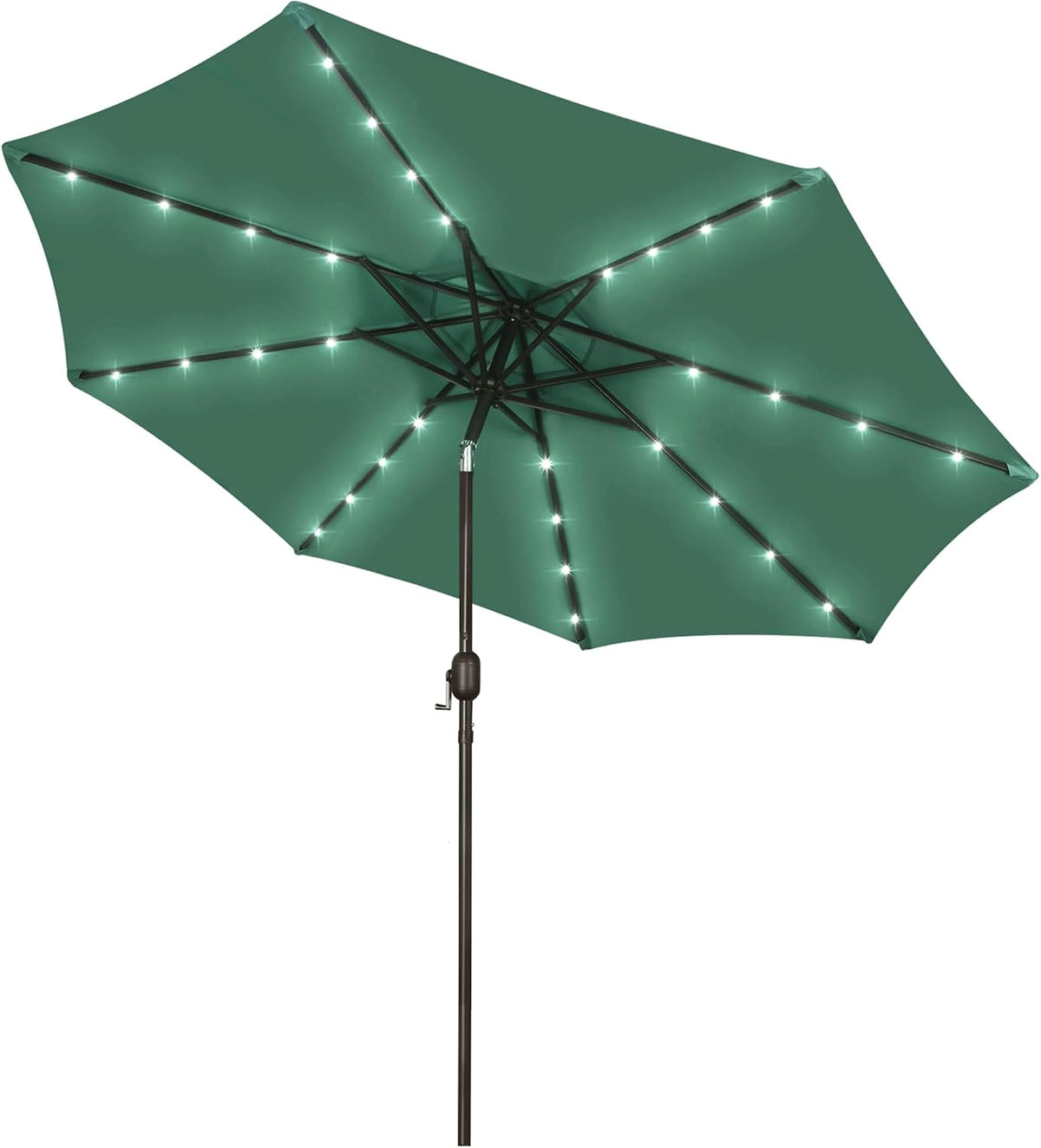 Open green patio umbrella photographed from underneath showing LED lights on each rib and a central crank pole.