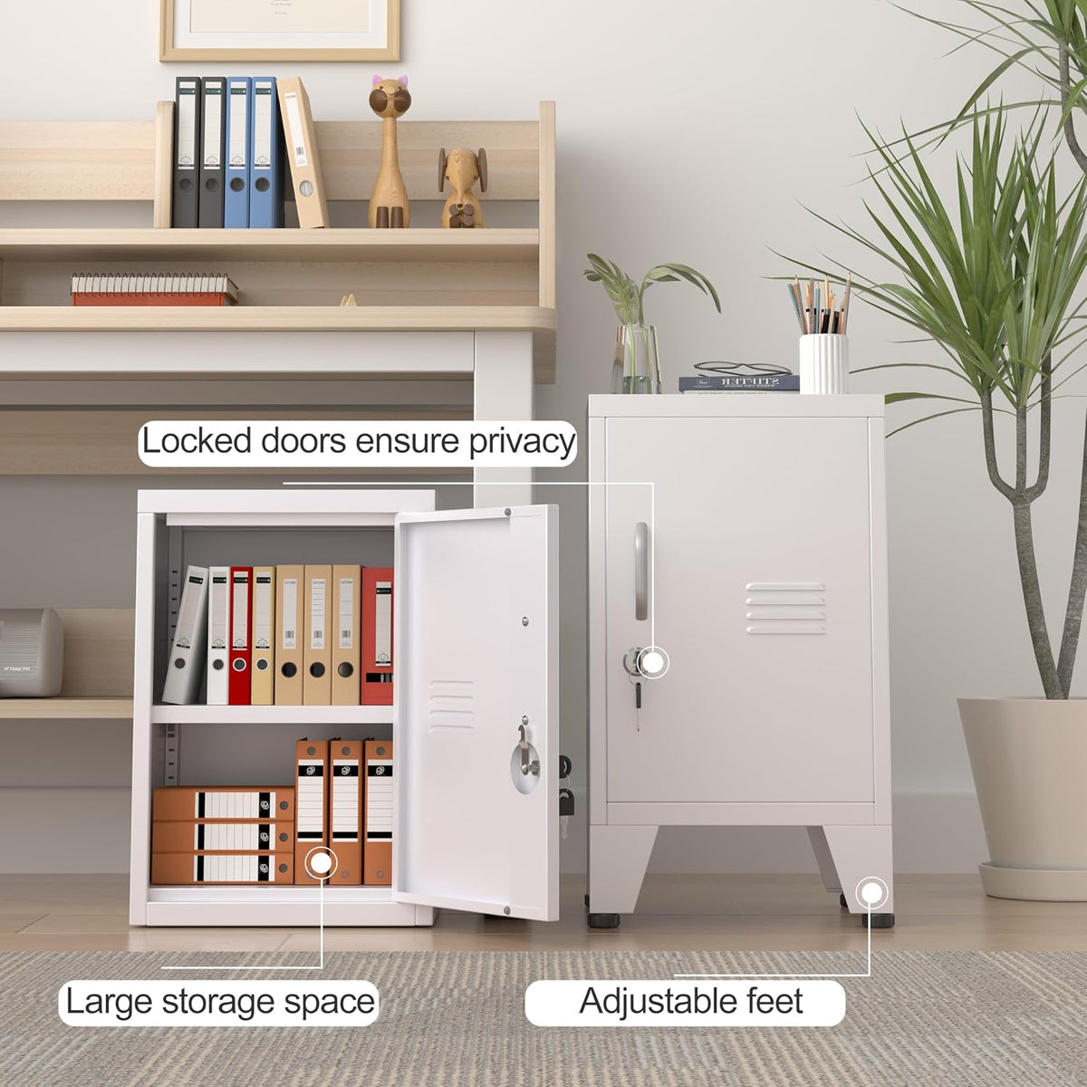Pair of white lockers showing open door, interior shelving and adjustable feet callouts