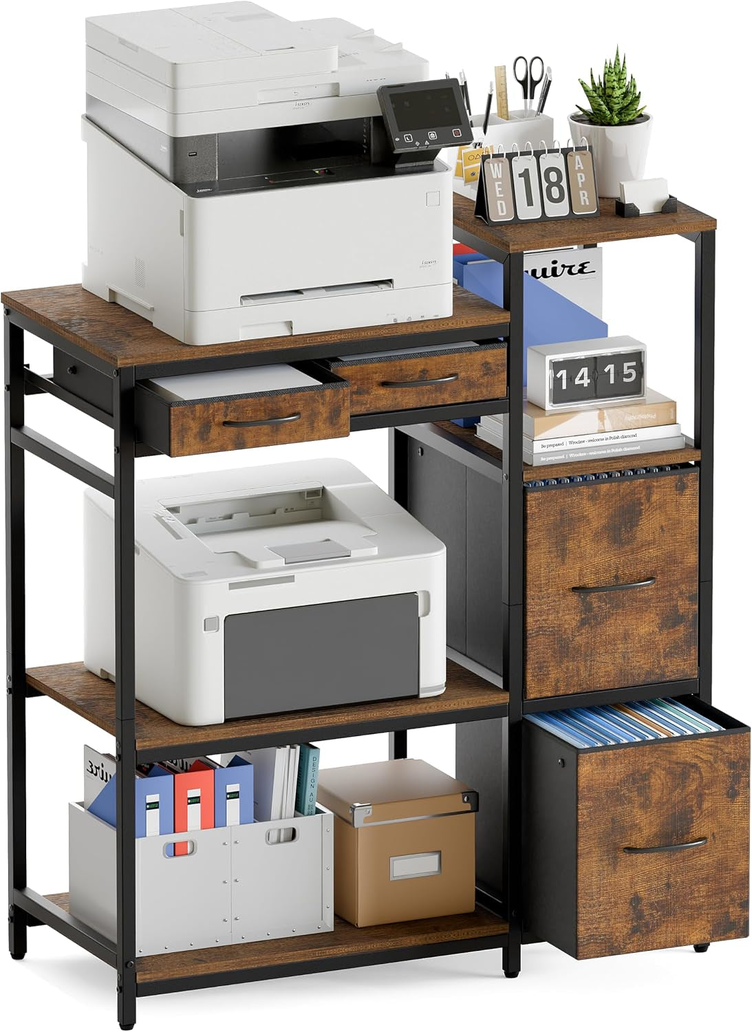 Wood-grain printer stand with black metal frame showing top large printer, open fabric drawers and lower shelves, front view.