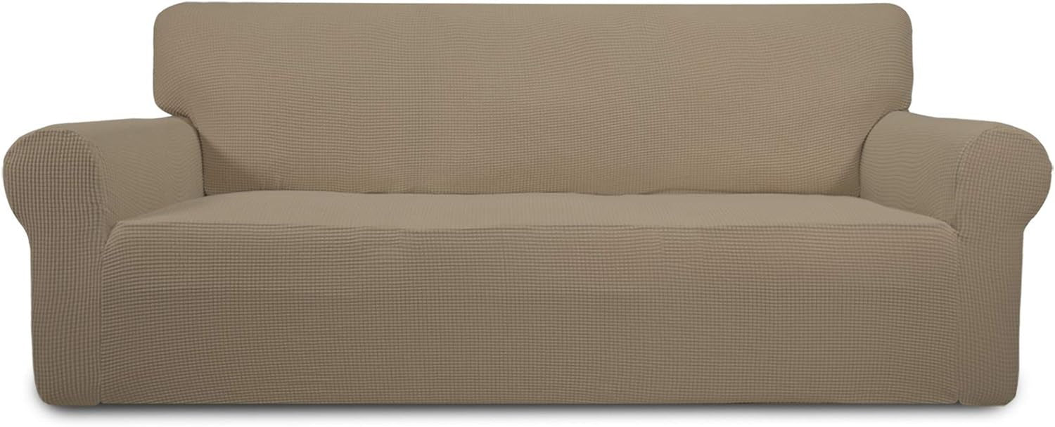 Straight-on front shot of a beige two-cushion loveseat cover with visible seat seam and rounded arm contours.