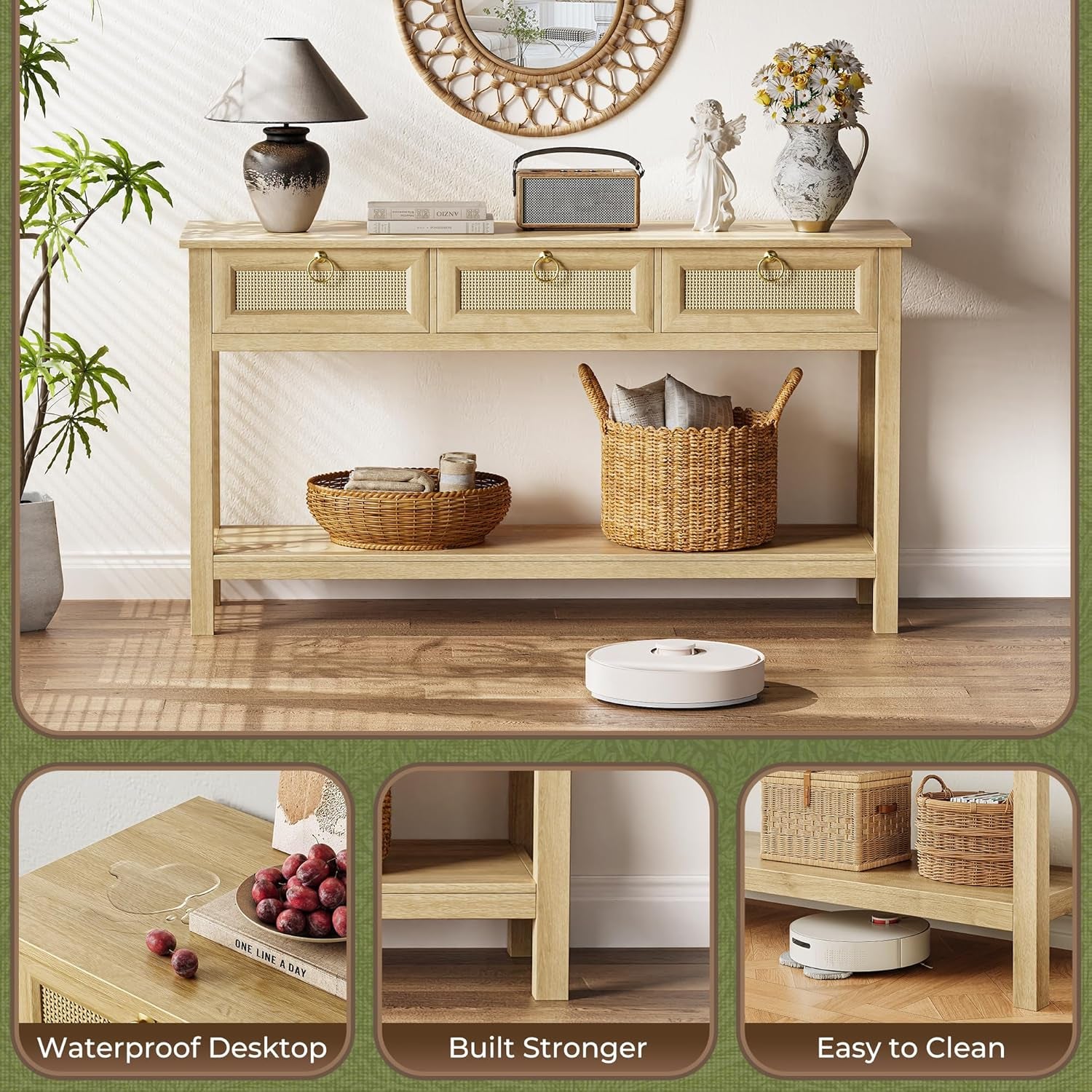 Light oak console table front view with woven baskets on lower shelf and a robot vacuum on the floor