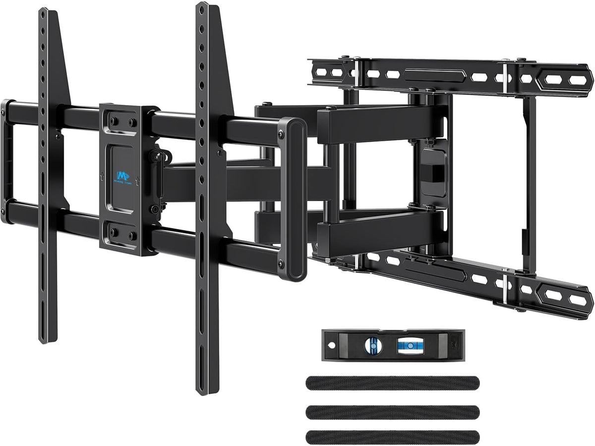 Side-angled view of the black full‑motion TV bracket showing pivoting arms and vertical mounting rails.