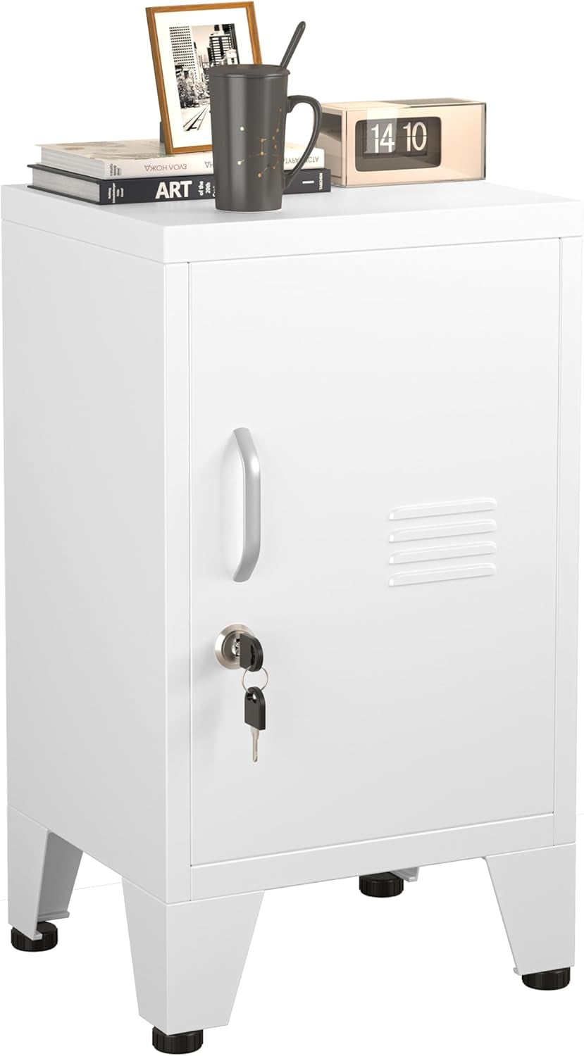 Close front view of white metal locker showing handle, ventilated door panel and keys
