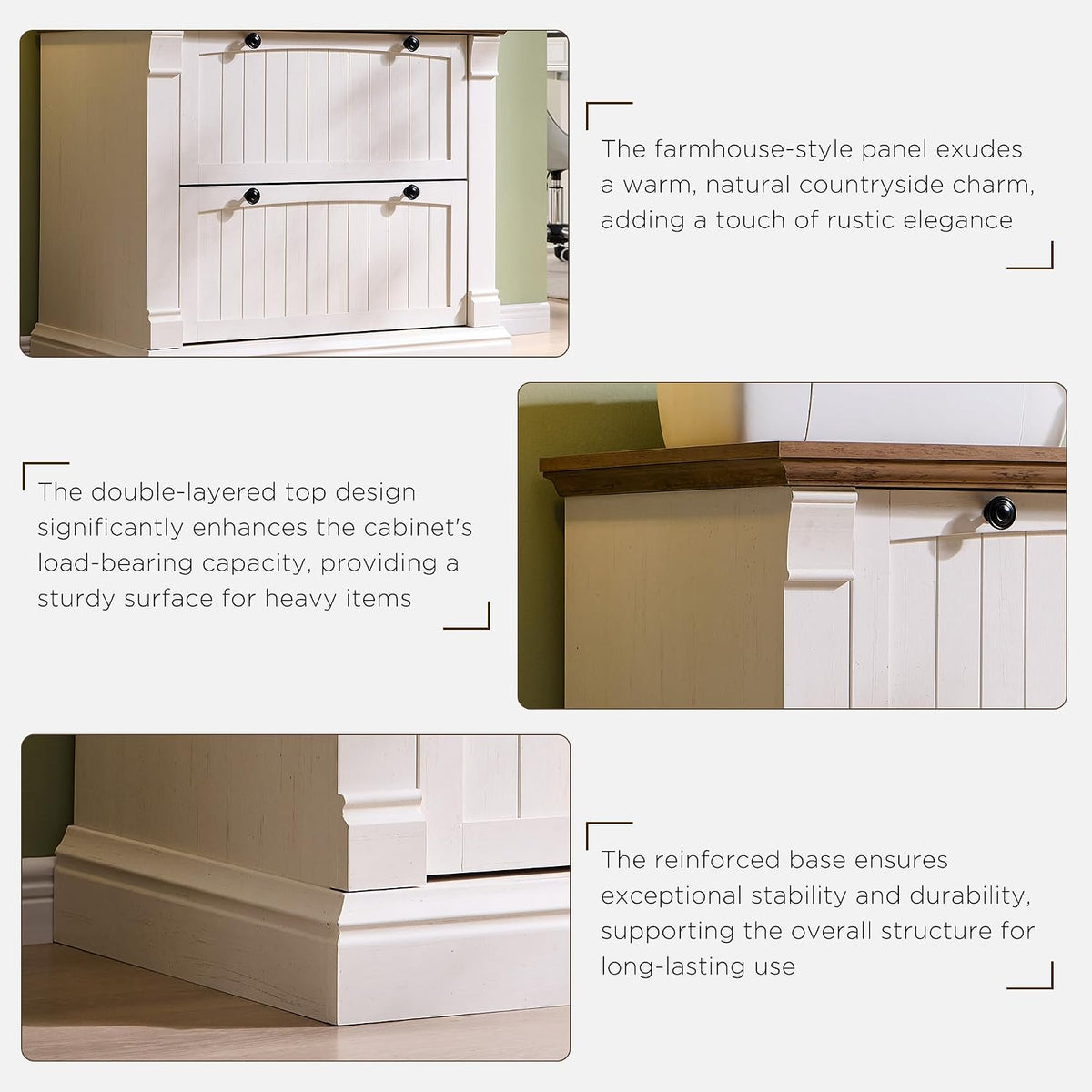 Close-up of the double-layer faux wood top, farmhouse-style paneling, reinforced base and metal knobs
