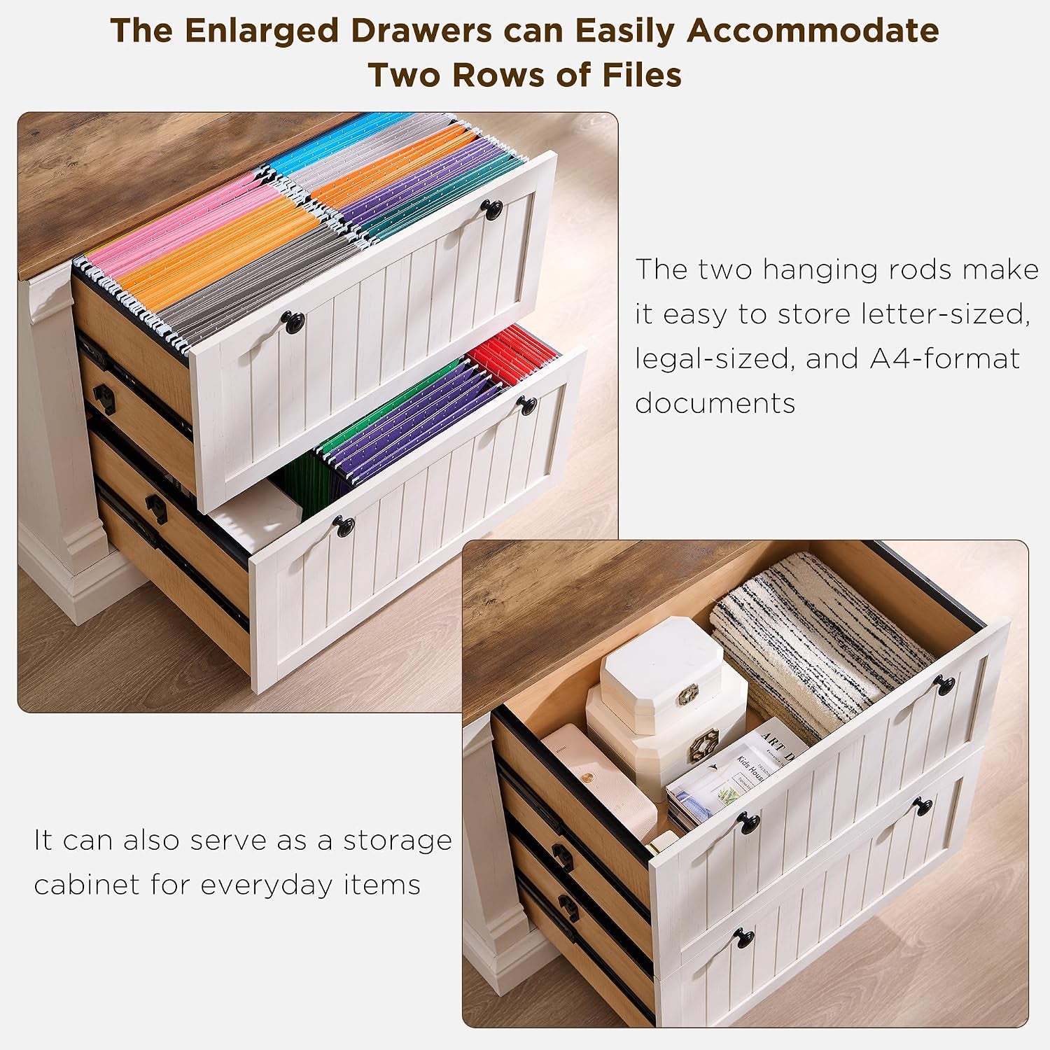 Two extended drawers open showing two rows of hanging files and interior storage in antique white finish