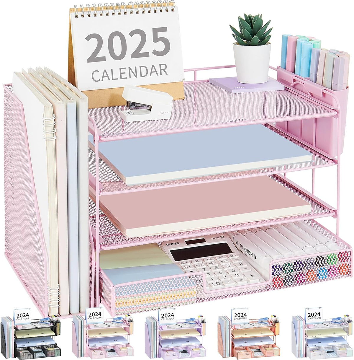 Pink metal 4-tier desk file organizer shown front-on holding notebooks, calculator and pens