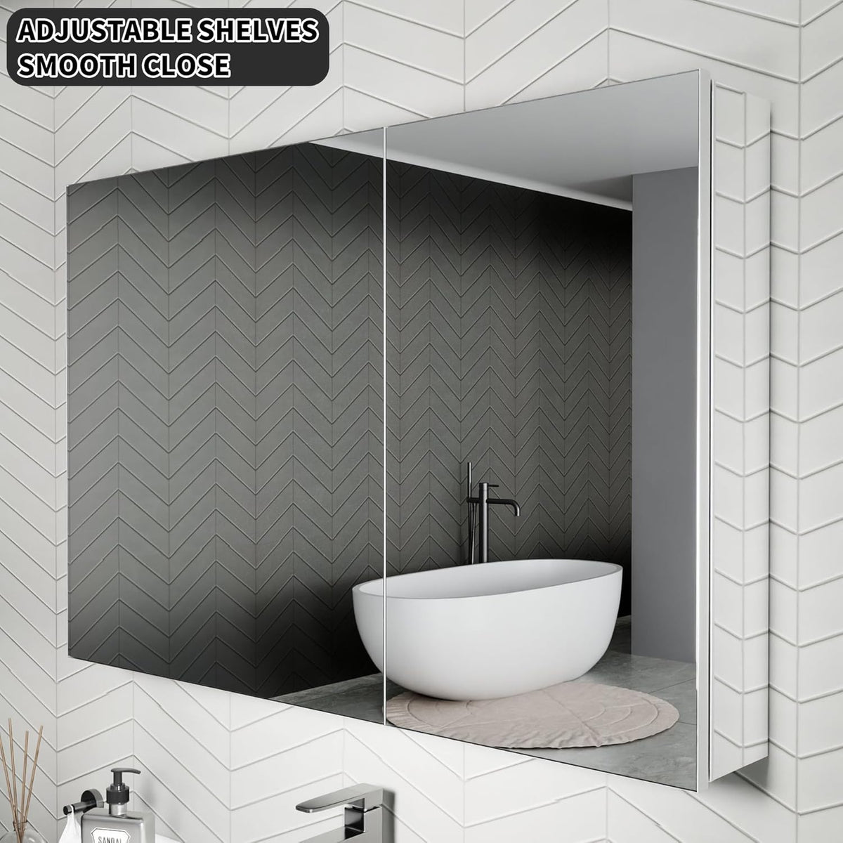 Front view of mounted mirrored medicine cabinet above sink highlighting smooth‑close double doors