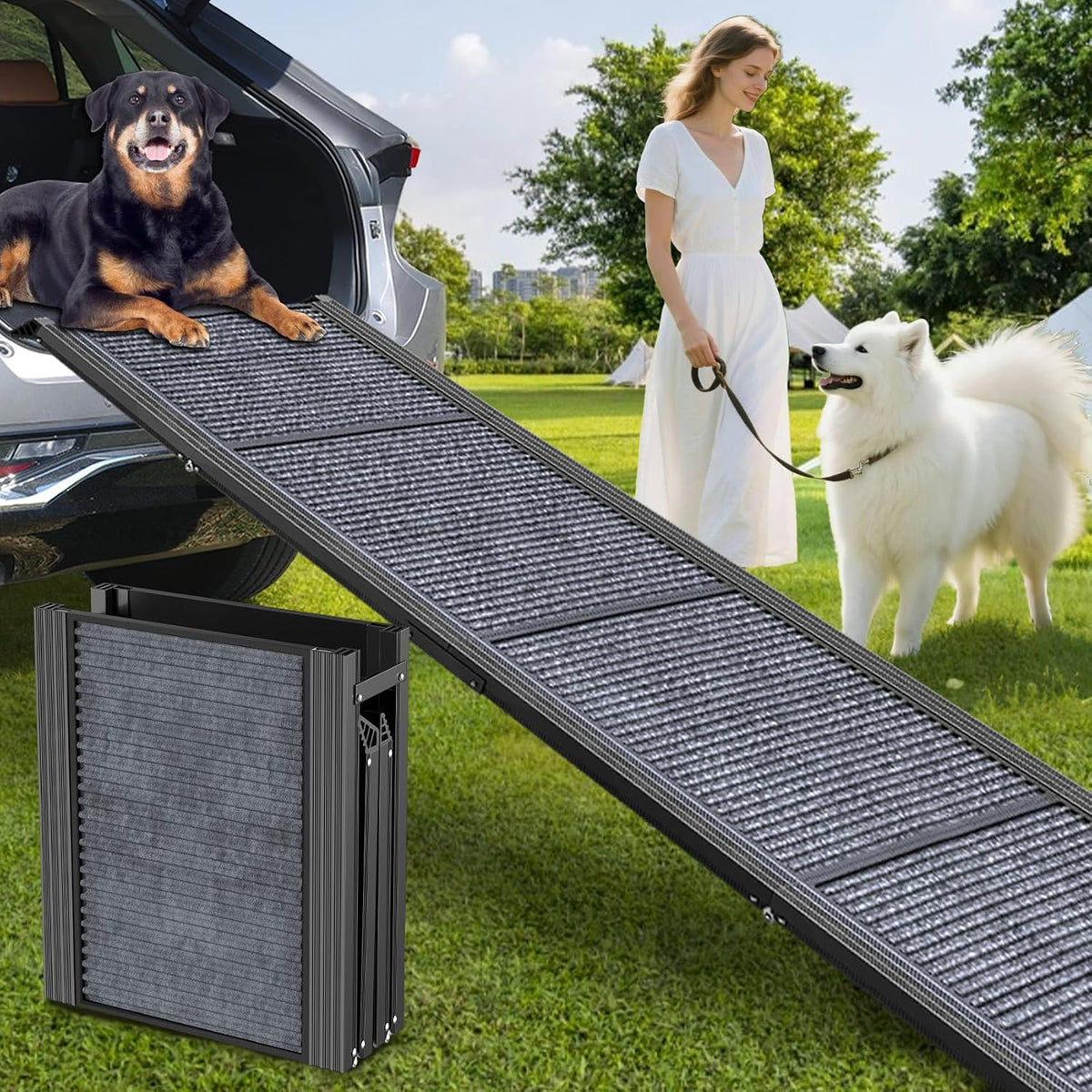 Long textured ramp extended from an open car trunk onto grass with a large dog lying near the top and the folded ramp inset