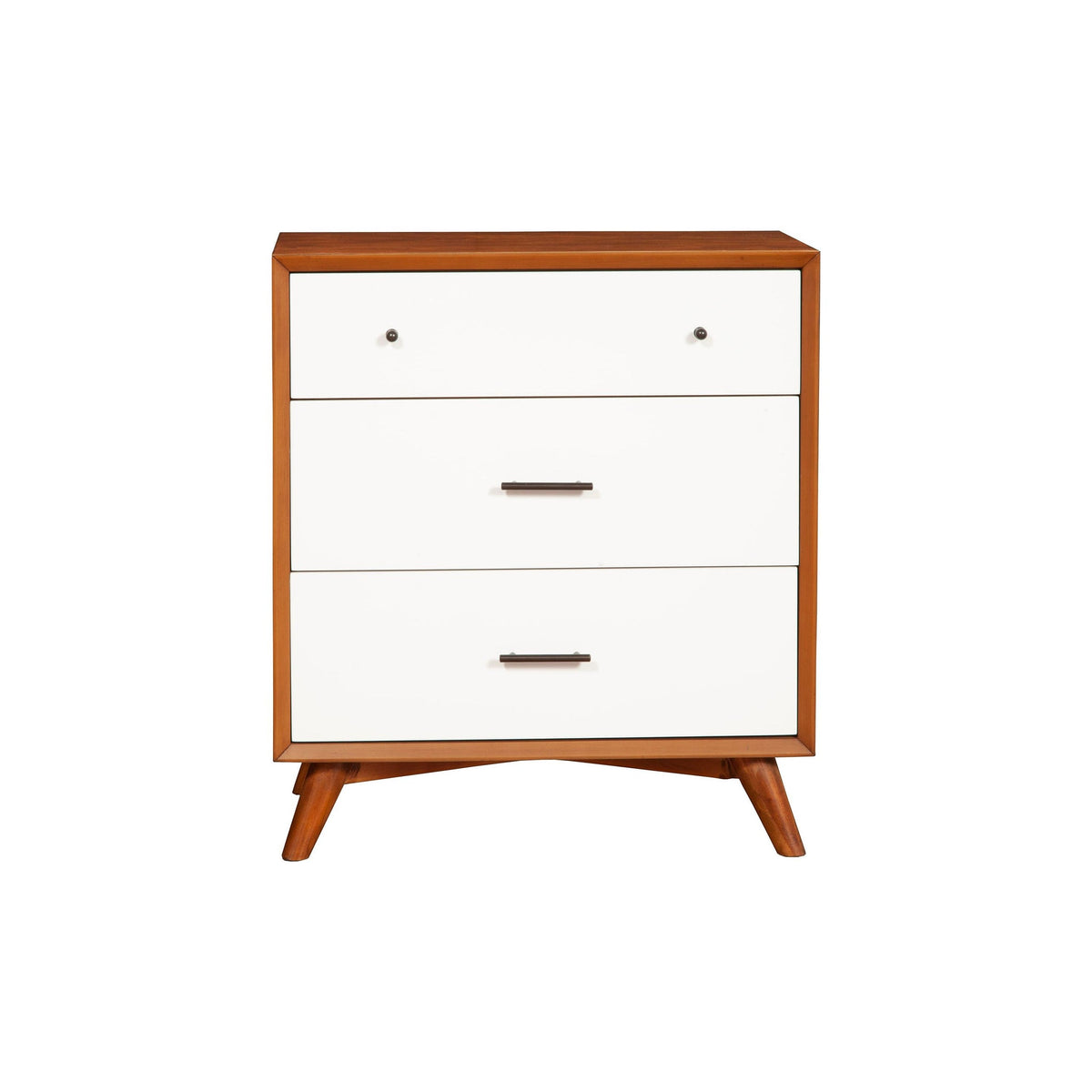 Front-facing view of the chest, showing three white drawers, dark handles, and angled wood legs.