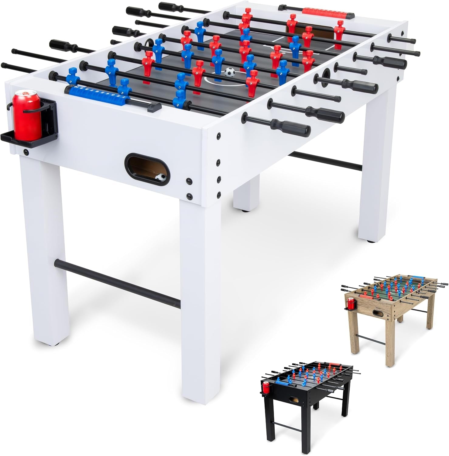 White foosball table on a white background with red and blue players and a cup holder shown.
