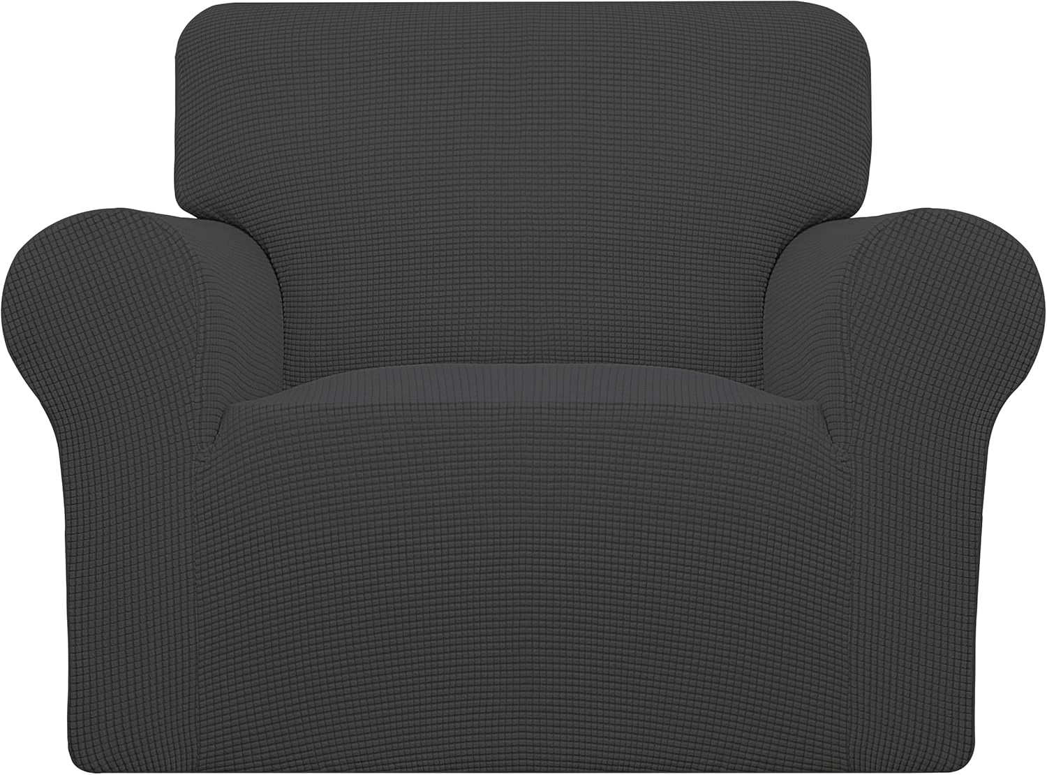 Front-facing charcoal slipcover fitted to a single armchair, showing rounded arms and waffle texture.