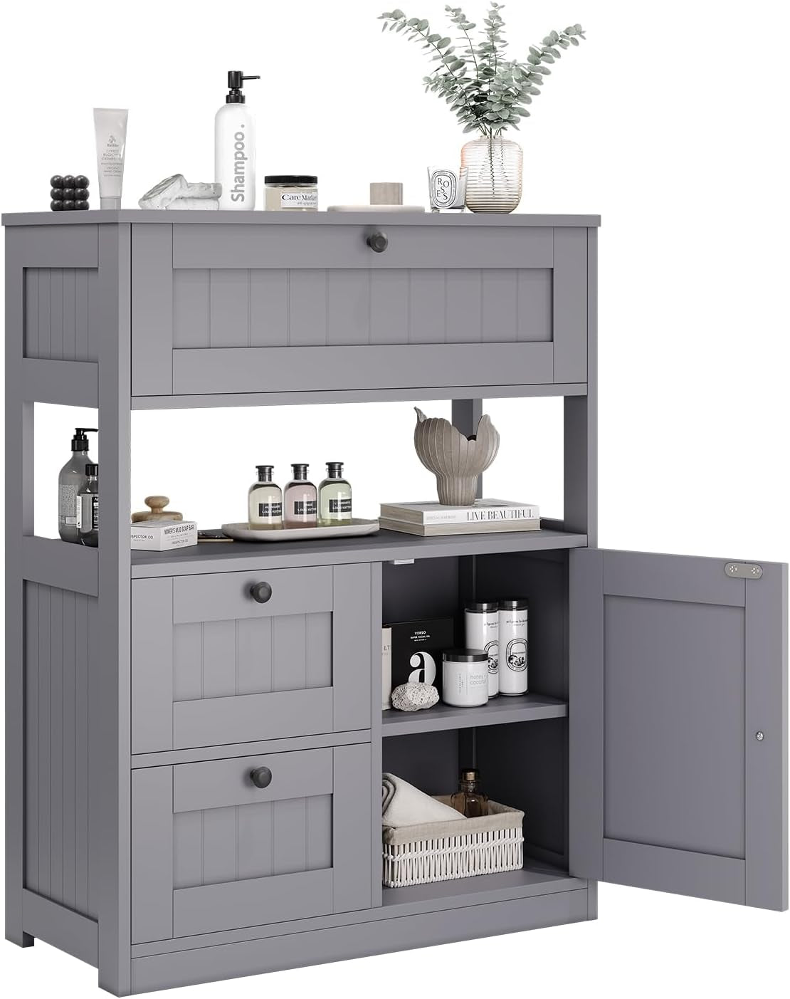 Tall light gray freestanding cabinet with open middle shelf, two drawers left and a right-door open showing interior shelves